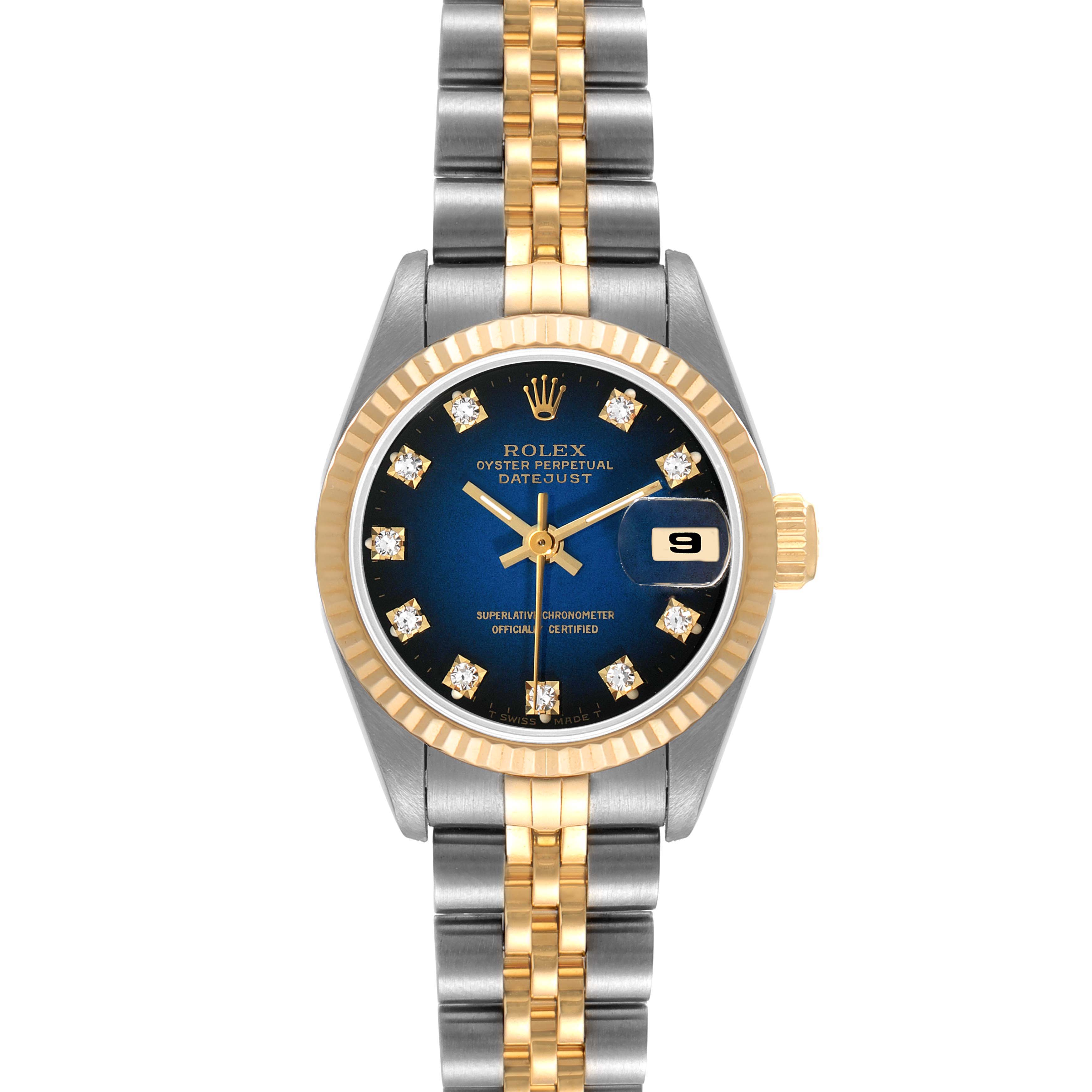The image shows a front view of the Rolex Datejust 69173 Women's Steel and Gold (two tone) Blue Dial 69173 Women's Steel and Gold (two tone) Blue Dial watch, highlighting its dial, bezel, and bracelet.