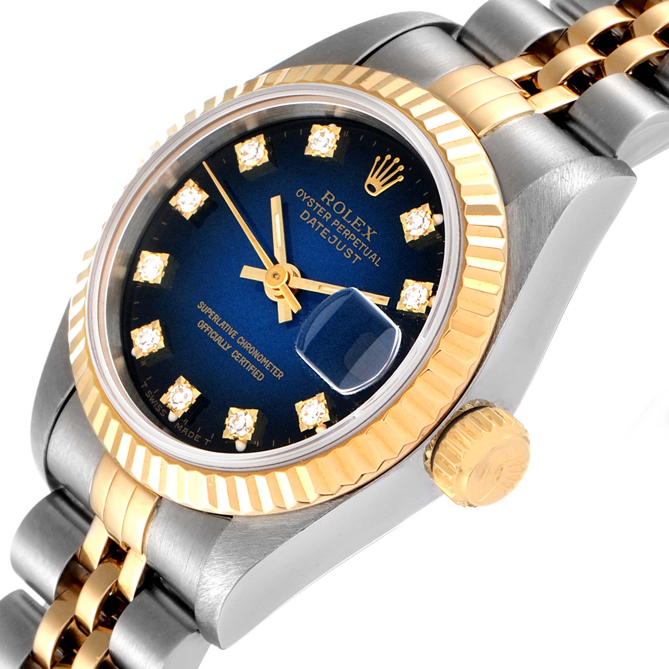 The image shows a Rolex Datejust 69173 Women's Steel and Gold (two tone) Blue Dial 69173 Women's Steel and Gold (two tone) Blue Dial watch angled to highlight the blue dial, fluted bezel, and part of the jubilee bracelet.