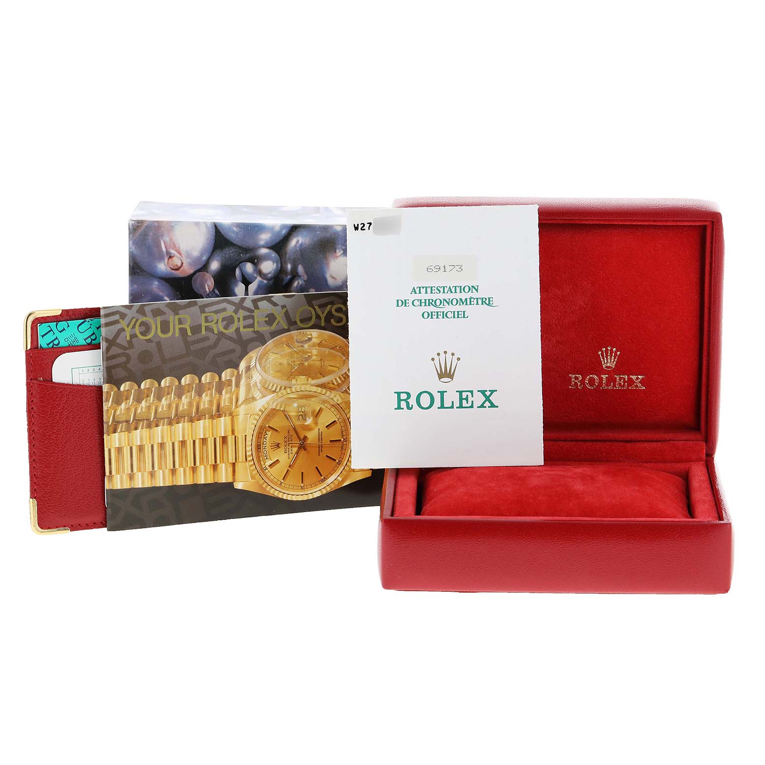 The image shows Rolex Datejust 69173 Women's Steel and Gold (two tone) Blue Dial 69173 Women's Steel and Gold (two tone) Blue Dial watch accessories, including a red box, certification, and a booklet with a watch image.