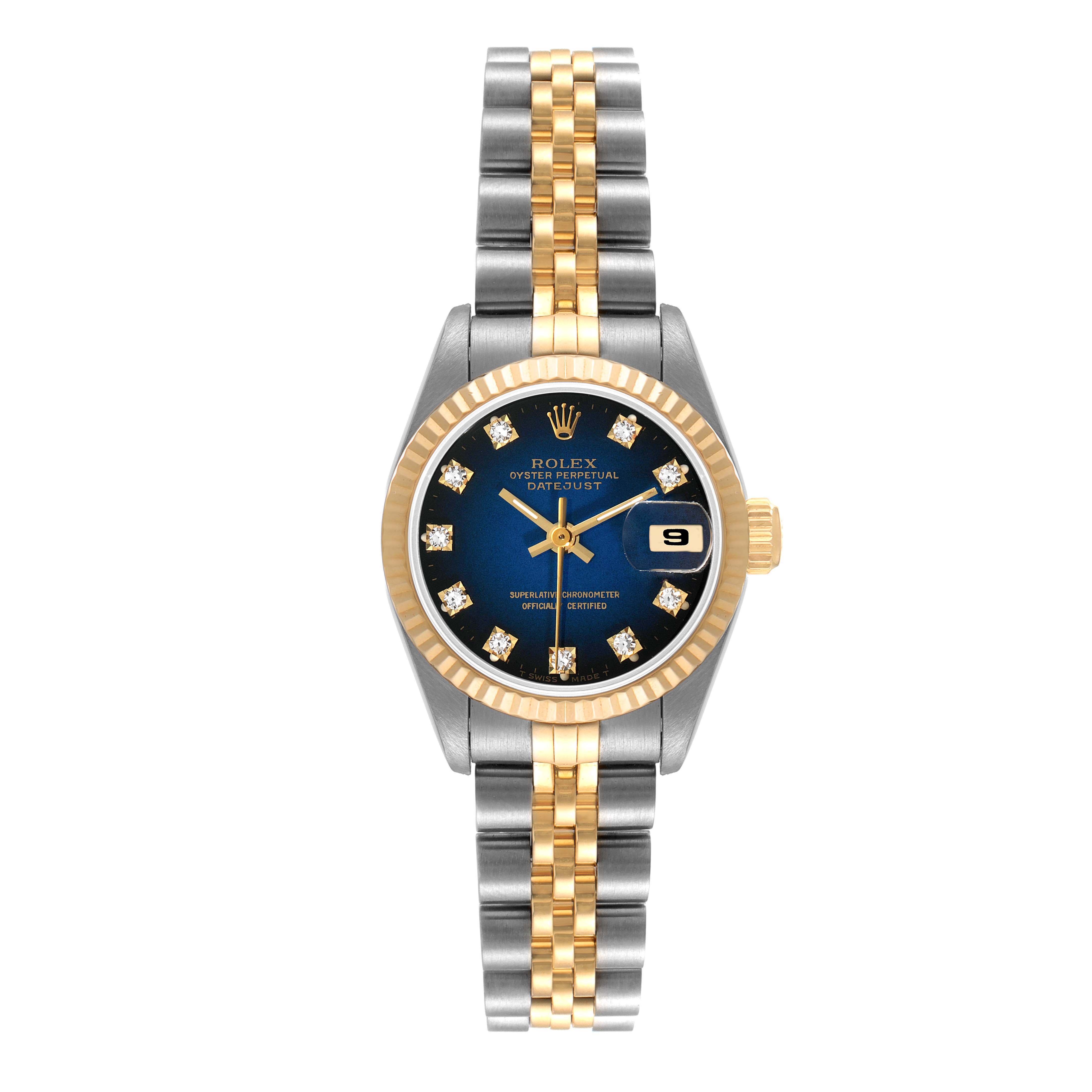 The image shows a front view of a Rolex Datejust 69173 Women's Steel and Gold (two tone) Blue Dial 69173 Women's Steel and Gold (two tone) Blue Dial watch with a two-tone bracelet and a blue dial with diamond markers.
