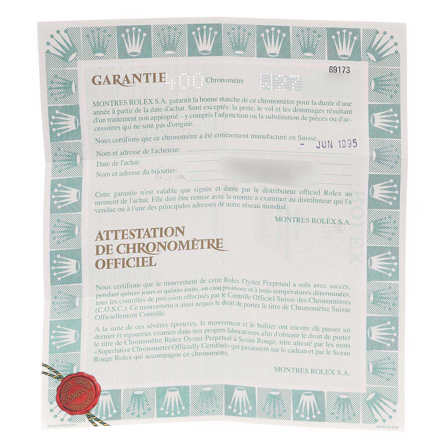 This image shows the warranty and chronometer certification certificate for a Rolex Datejust 69173 Women's Steel and Gold (two tone) Blue Dial 69173 Women's Steel and Gold (two tone) Blue Dial watch.