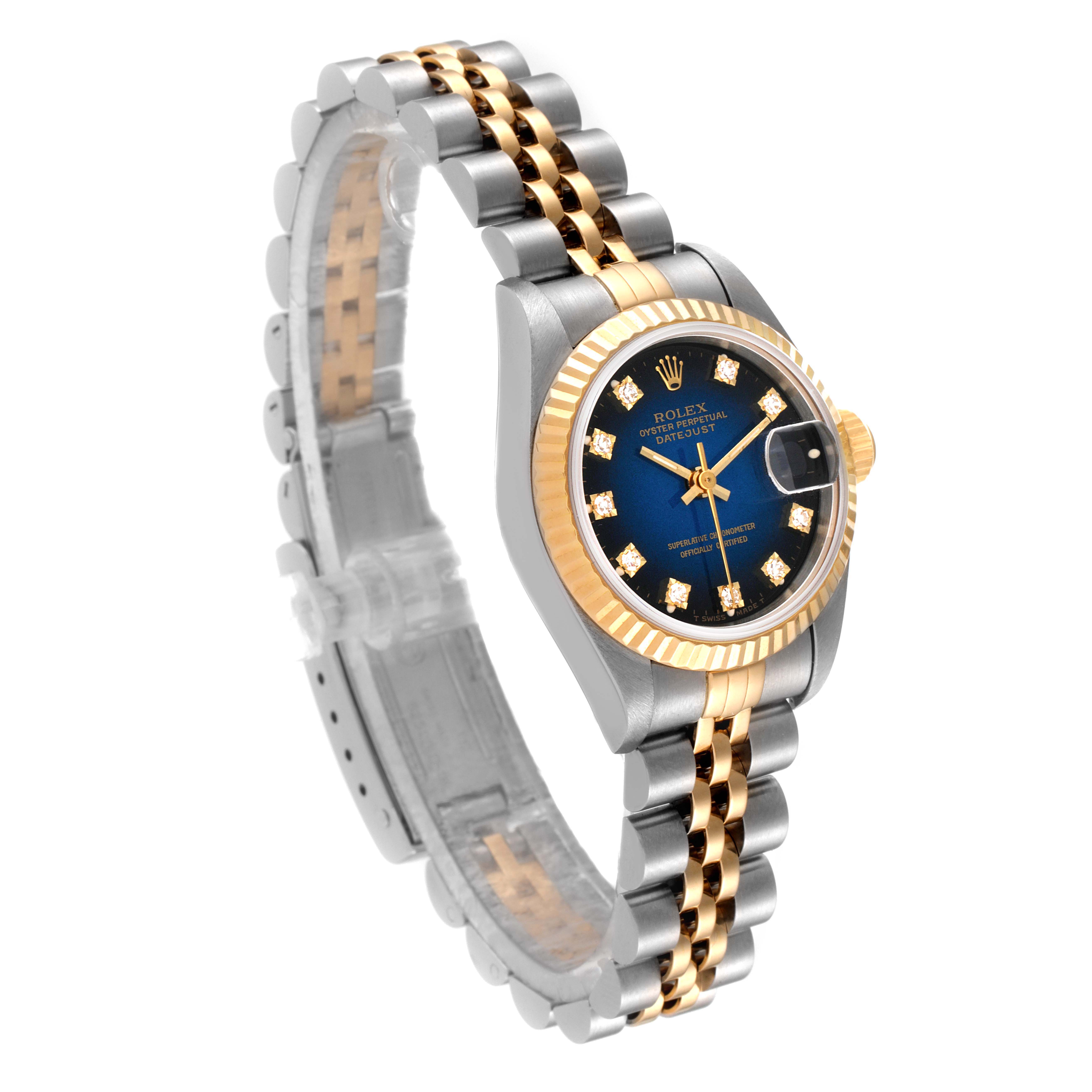 The image shows a Rolex Datejust 69173 Women's Steel and Gold (two tone) Blue Dial 69173 Women's Steel and Gold (two tone) Blue Dial watch from a front-side angle, highlighting the bracelet, dial, bezel, and crown.