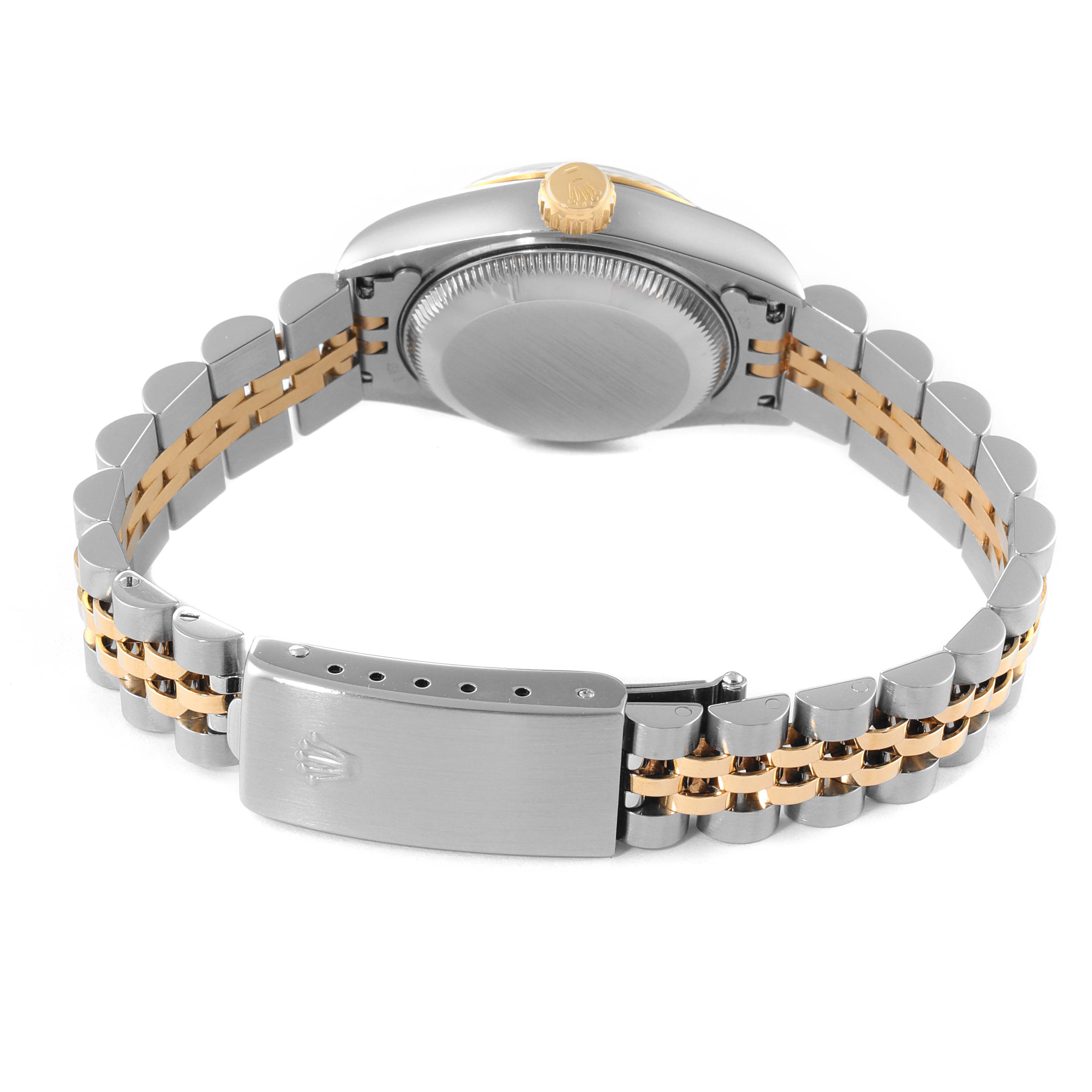 This image shows the back view of a Rolex Datejust 69173 Women's Steel and Gold (two tone) Blue Dial 69173 Women's Steel and Gold (two tone) Blue Dial watch, highlighting its bracelet and clasp.