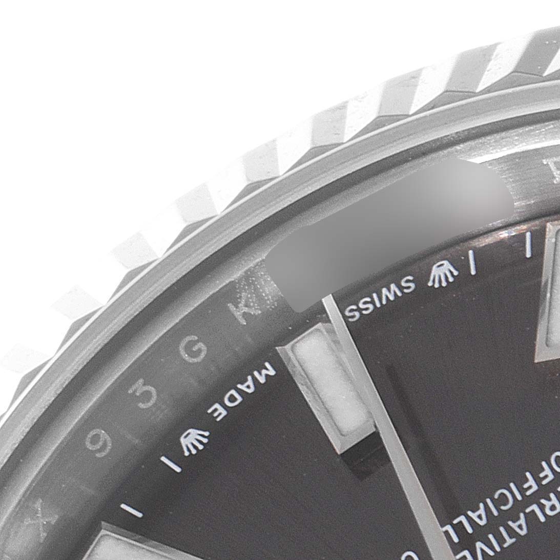 This image shows a close-up of the dial and fluted bezel of a Rolex Datejust 279174 Women's Stainless Steel Grey Dial 279174 Women's Stainless Steel Grey Dial watch.