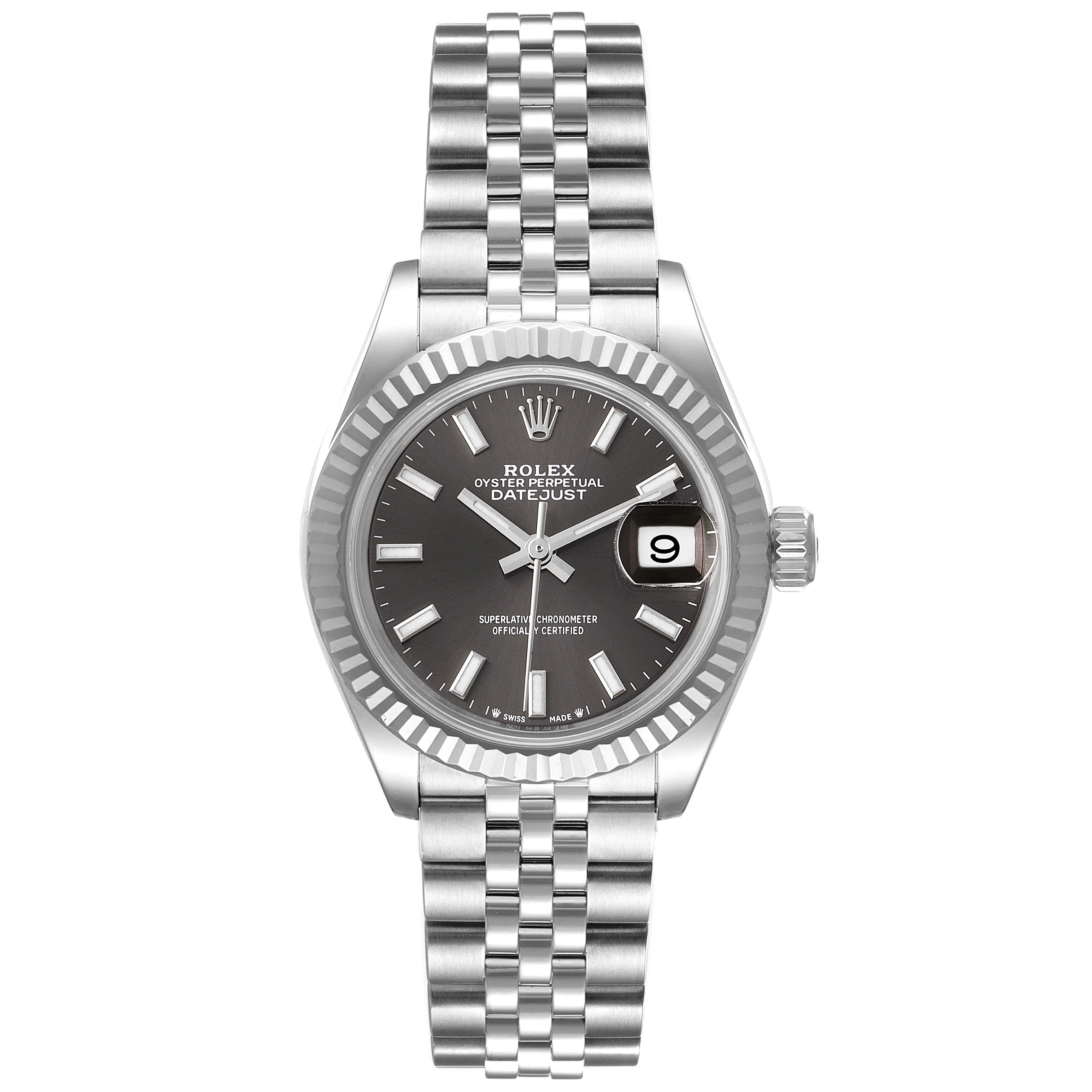 This image shows a frontal view of a Rolex Datejust 279174 Women's Stainless Steel Grey Dial 279174 Women's Stainless Steel Grey Dial watch, showcasing its dial, bezel, bracelet, and date window.