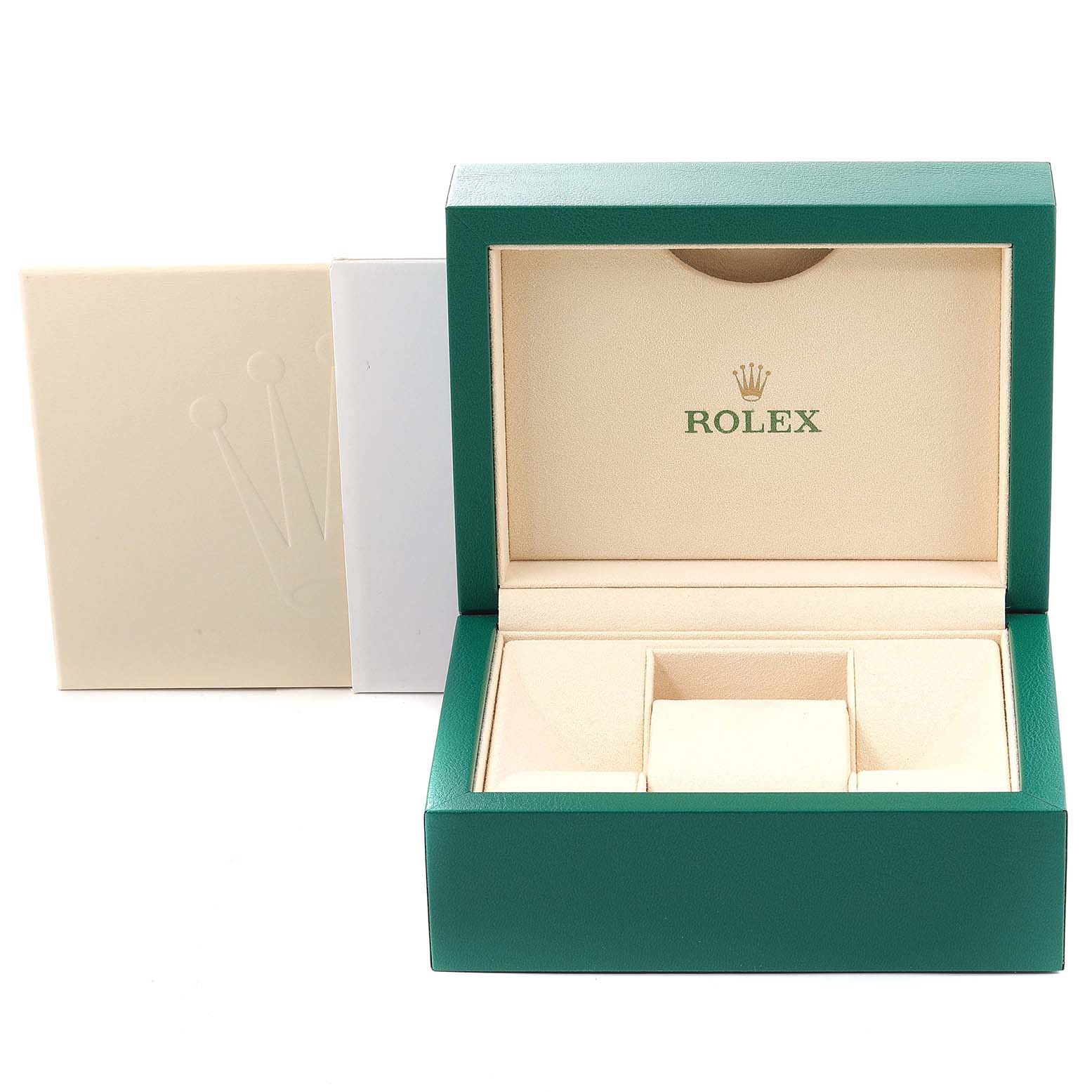 The image shows an open green and beige Rolex box for a Datejust model watch, with the outer cover placed behind it.