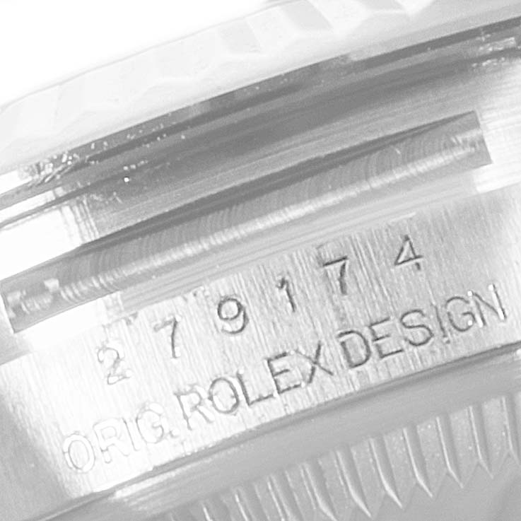 The image shows a close-up of the serial number and "ORIG. ROLEX DESIGN" engraving on the side of a Rolex Datejust 279174 Women's Stainless Steel Grey Dial 279174 Women's Stainless Steel Grey Dial watch.