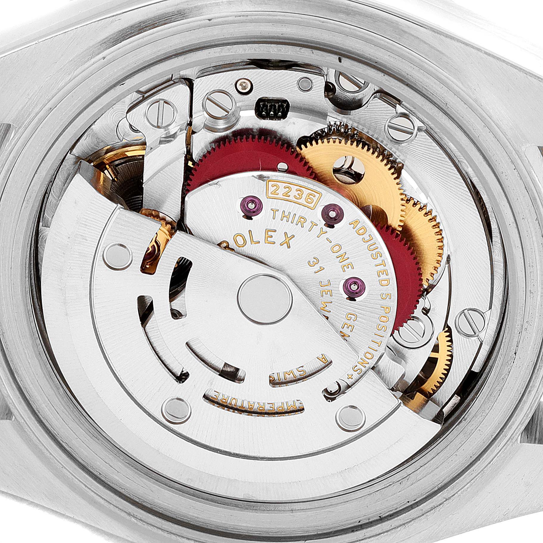The image shows the movement mechanism of a Rolex Datejust 279174 Women's Stainless Steel Grey Dial 279174 Women's Stainless Steel Grey Dial watch from a top-down angle.