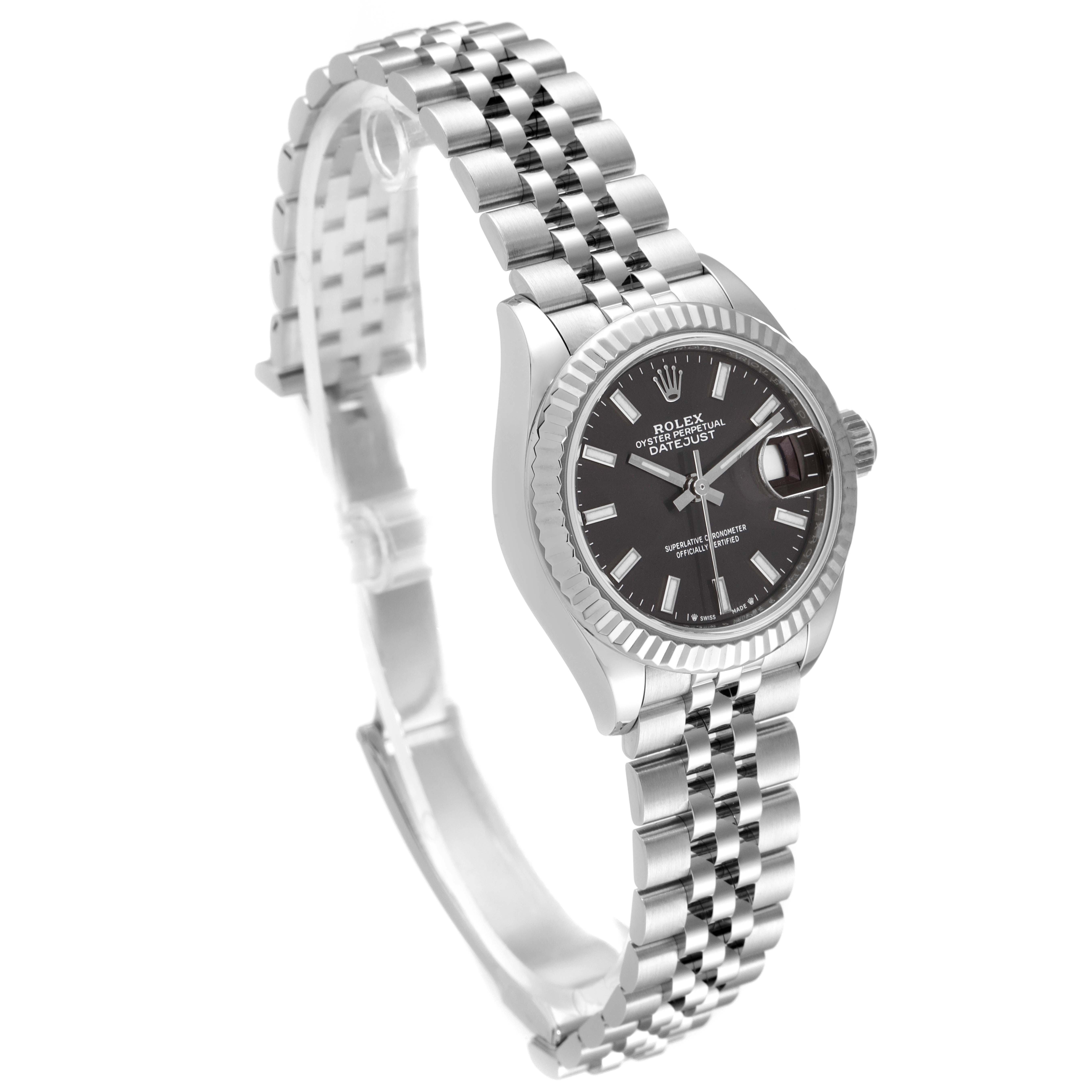 This Rolex Datejust 279174 Women's Stainless Steel Grey Dial 279174 Women's Stainless Steel Grey Dial watch image shows a side angle highlighting the bracelet, case, bezel, dial, and partially open clasp.
