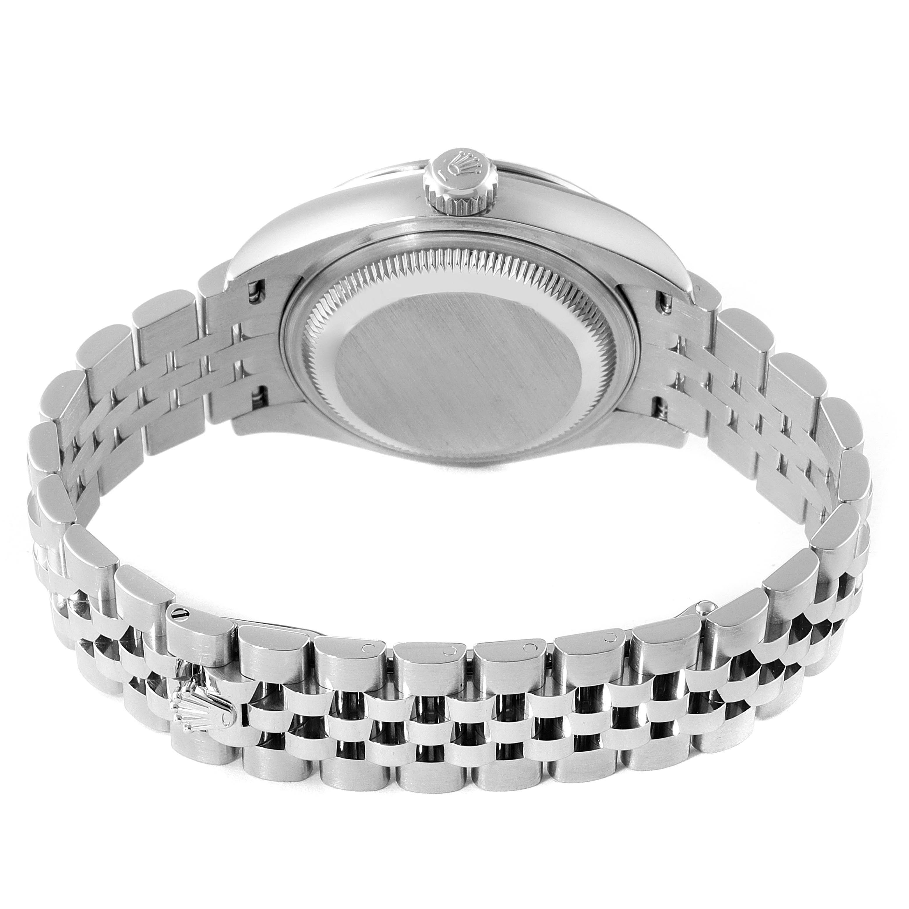 The image shows the back view of a Rolex Datejust 279174 Women's Stainless Steel Grey Dial 279174 Women's Stainless Steel Grey Dial watch, highlighting its case, crown, and metal bracelet.