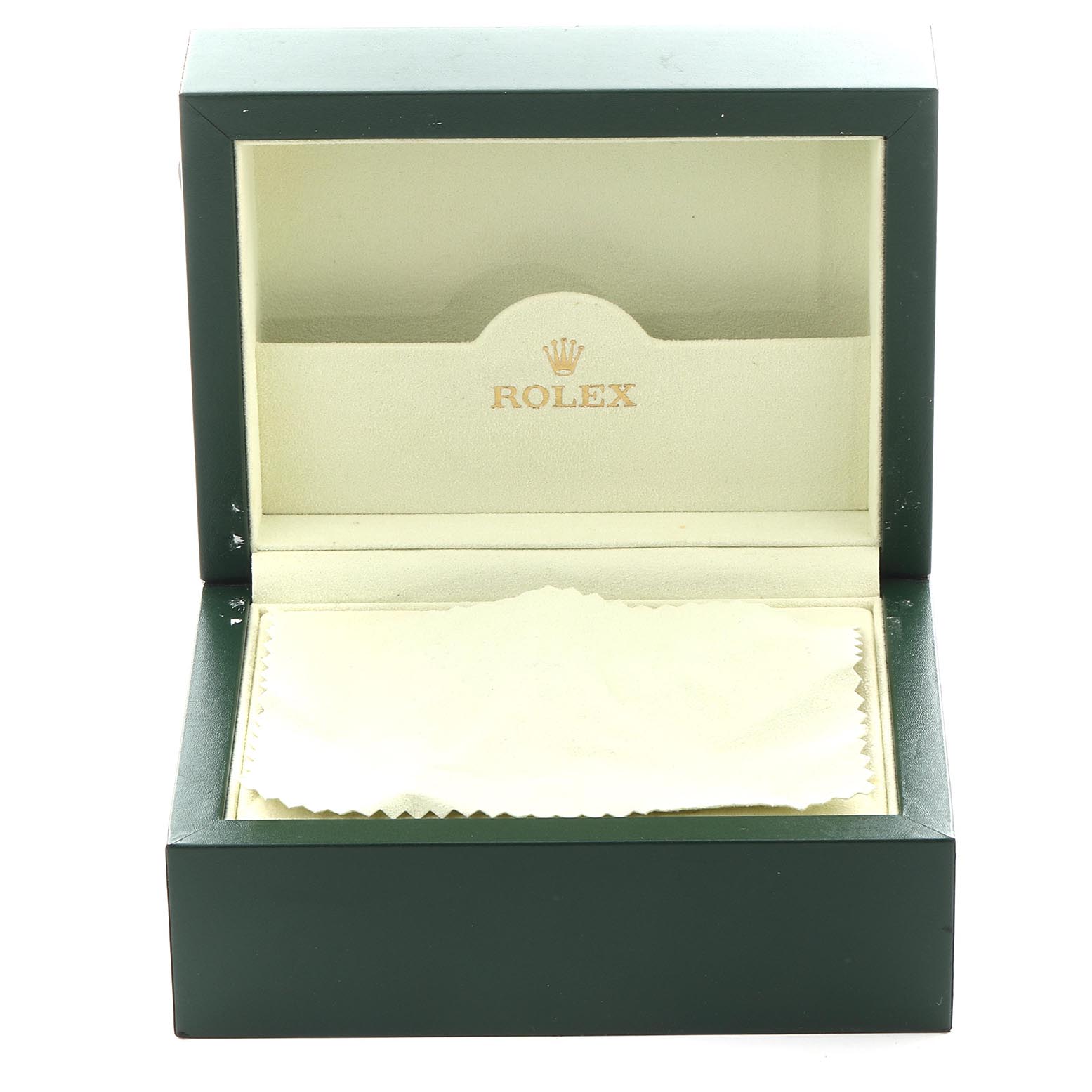 The image shows a Rolex watch box for a Mid-Size model, open, displaying its interior with a polishing cloth.