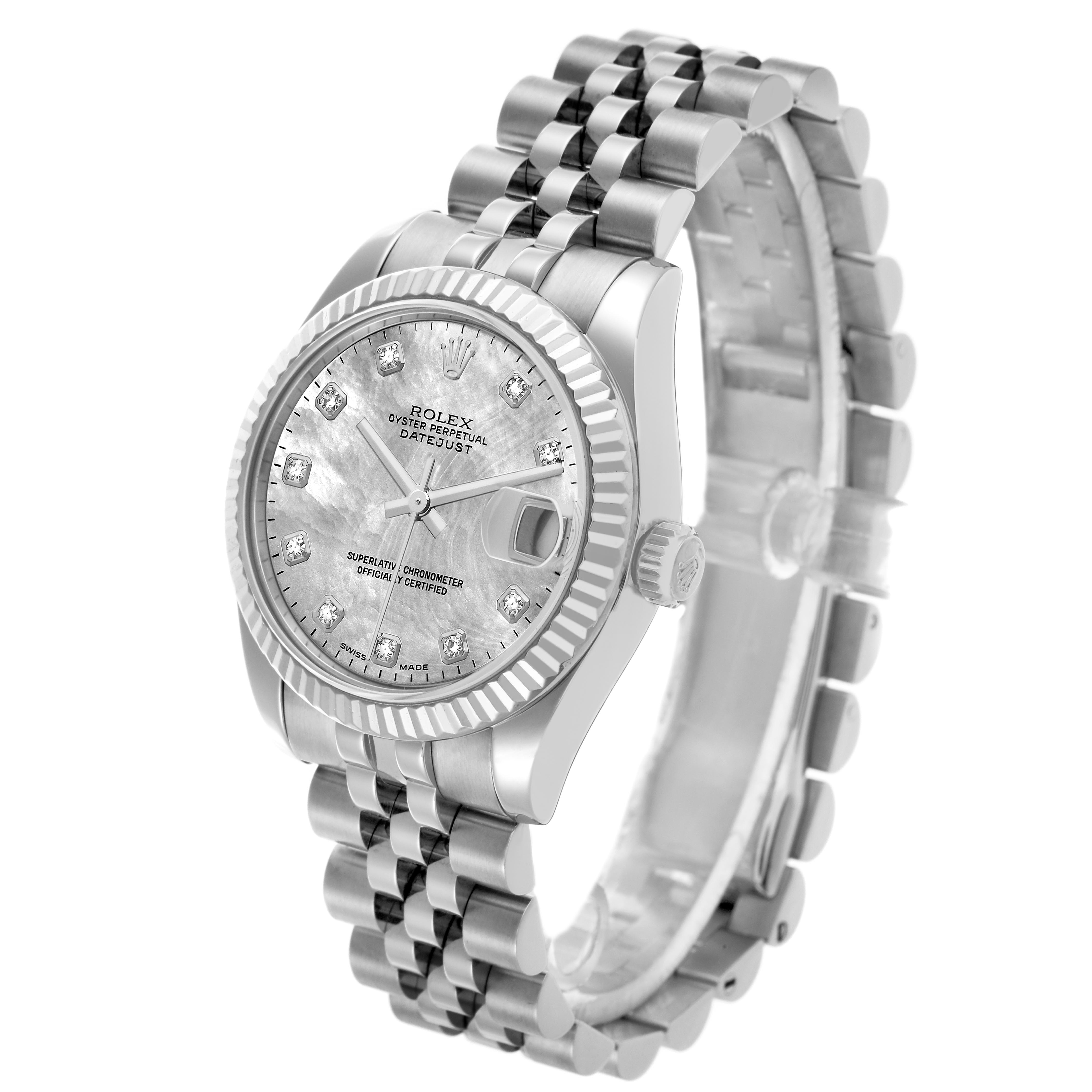 The Rolex Mid-Size 178274 Women's Stainless Steel Mother of Pearl Dial 178274 Women's Stainless Steel Mother of Pearl Dial model is shown at a three-quarter angle, highlighting the dial, bezel, crown, and Jubilee bracelet.