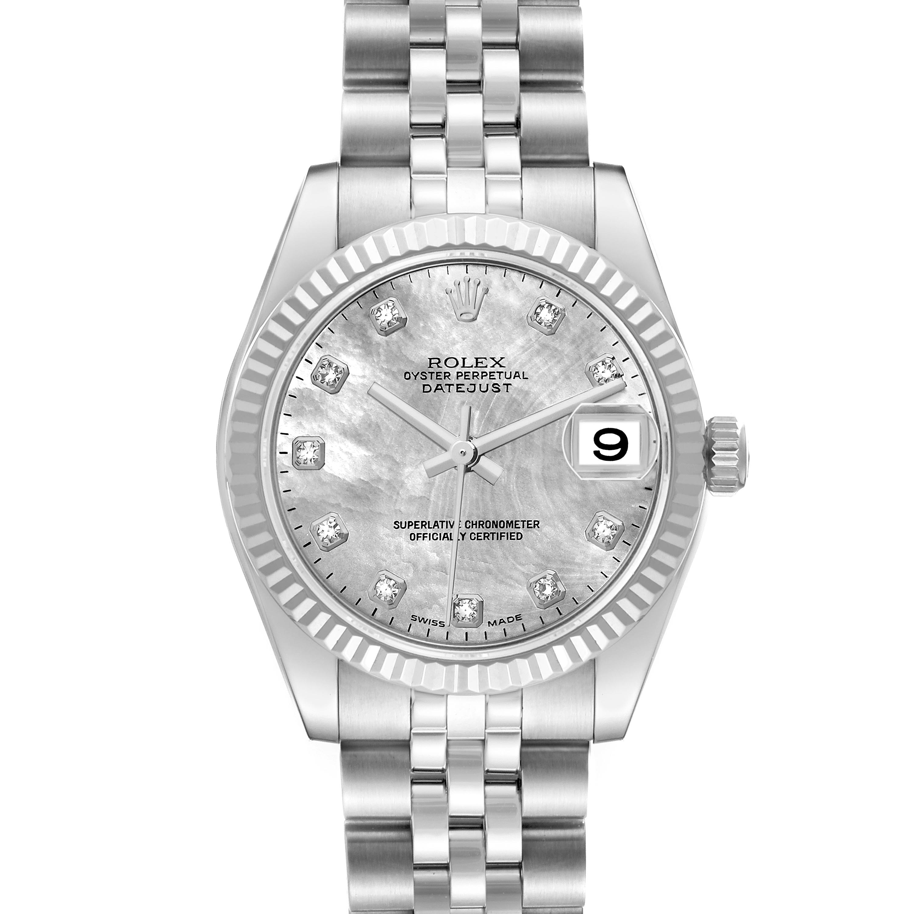 The Rolex Mid-Size 178274 Women's Stainless Steel Mother of Pearl Dial 178274 Women's Stainless Steel Mother of Pearl Dial Datejust watch is shown from the front, highlighting the face, bezel, bracelet, and crown.