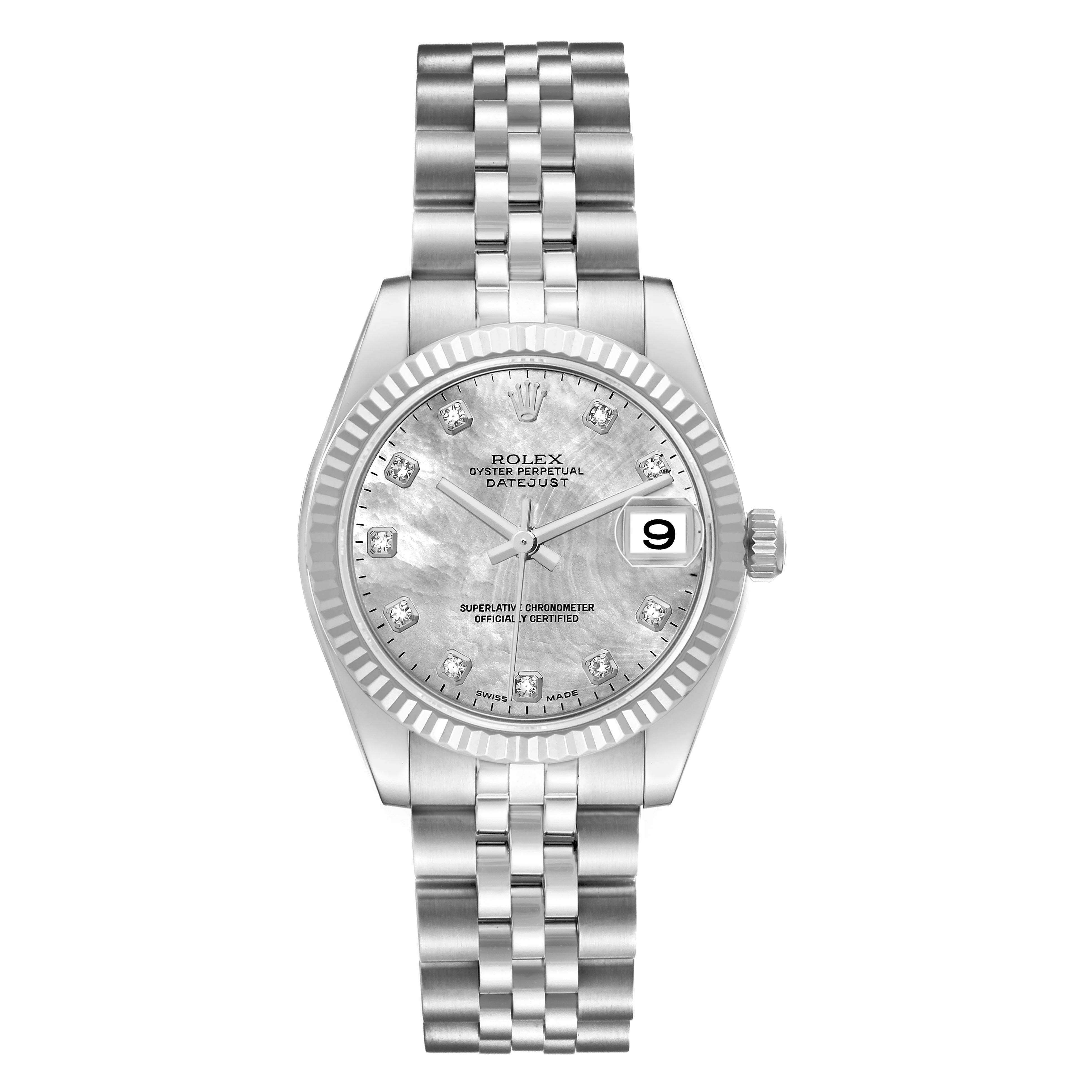 The Rolex Mid-Size 178274 Women's Stainless Steel Mother of Pearl Dial 178274 Women's Stainless Steel Mother of Pearl Dial Datejust watch is shown from the front, displaying the face, bezel, bracelet, and crown.