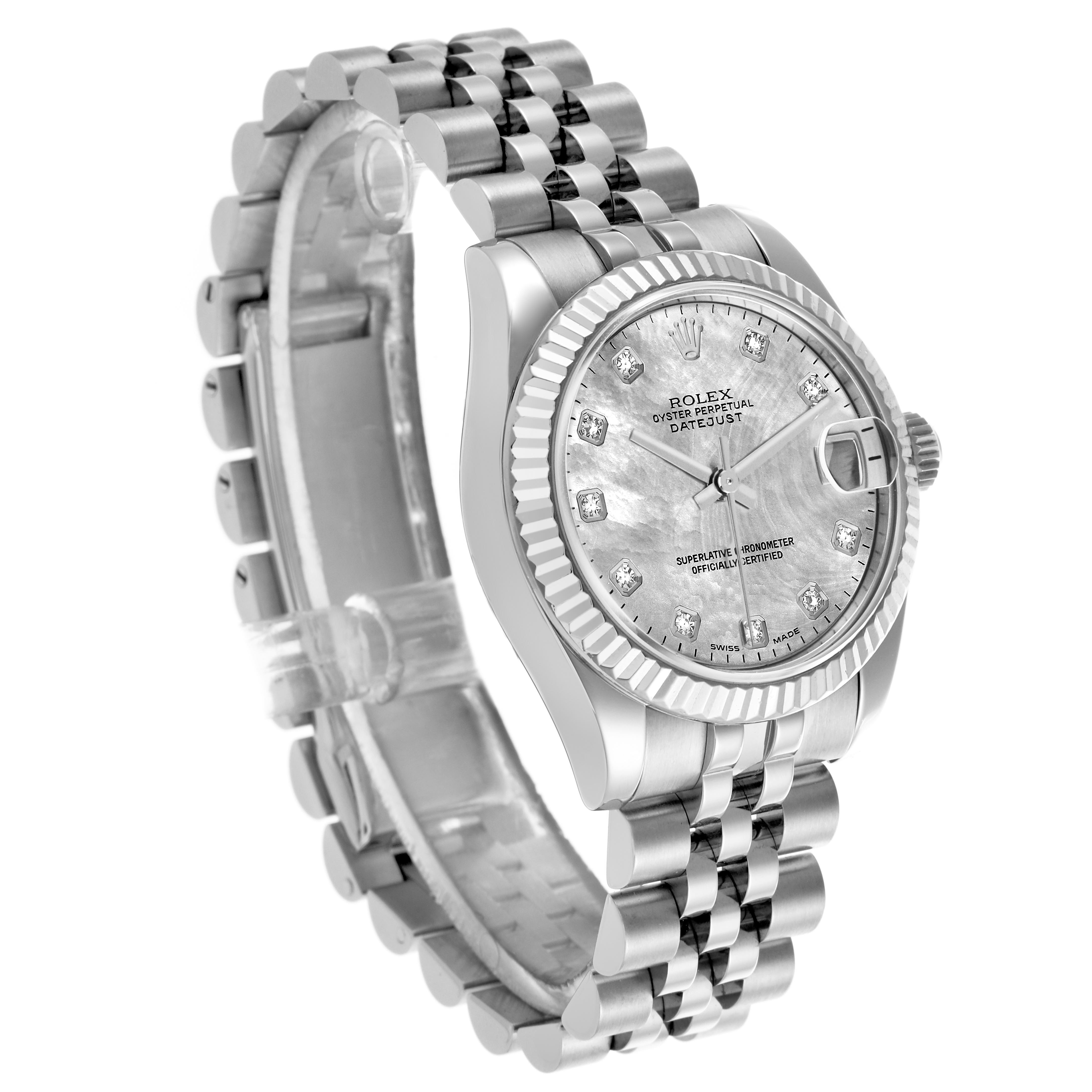 The Rolex Mid-Size 178274 Women's Stainless Steel Mother of Pearl Dial 178274 Women's Stainless Steel Mother of Pearl Dial watch is shown at a three-quarter angle, highlighting the face, bezel, crown, and bracelet.