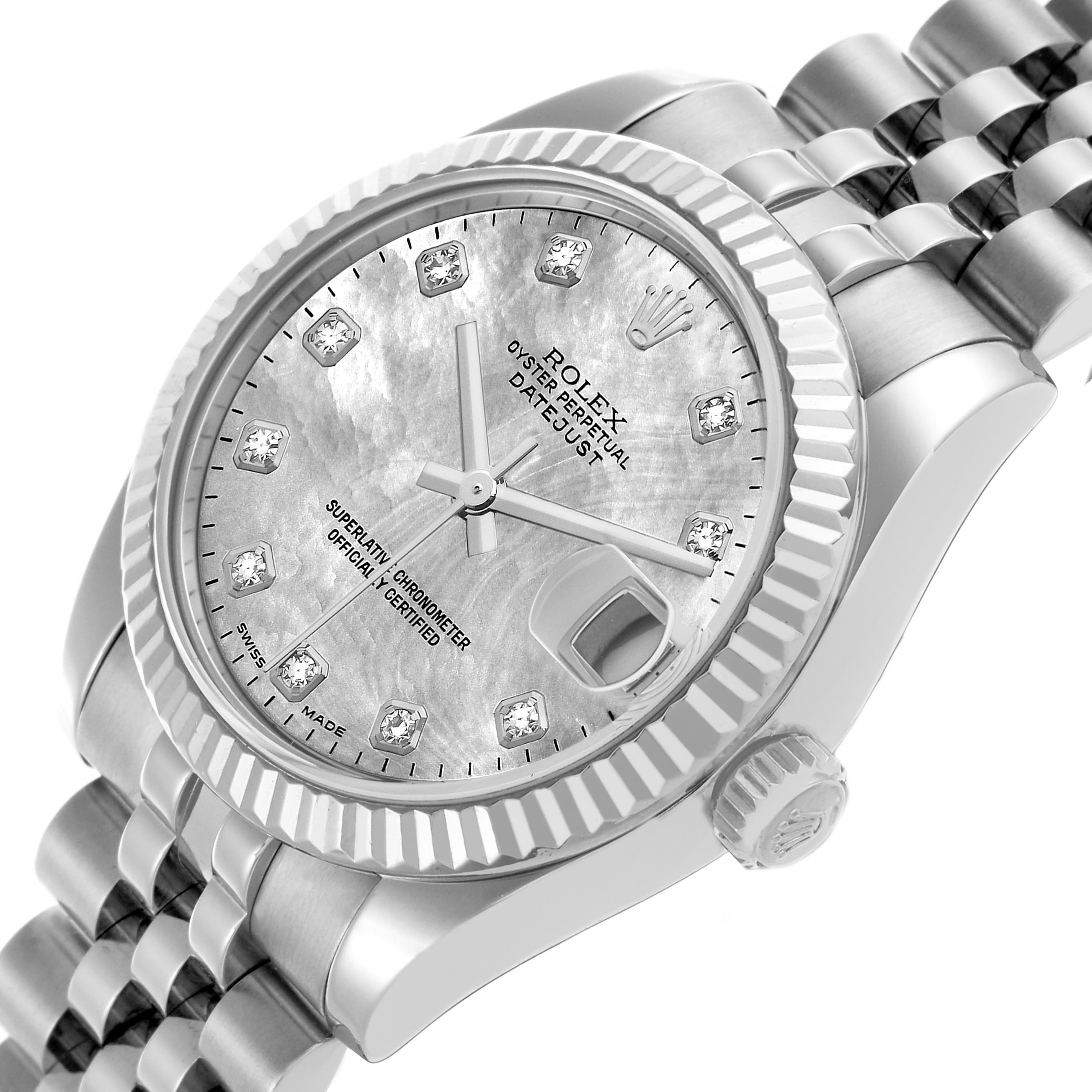 The watch is a Rolex Mid-Size 178274 Women's Stainless Steel Mother of Pearl Dial 178274 Women's Stainless Steel Mother of Pearl Dial model, shown from an angled view highlighting the face, bezel, crown, and bracelet.