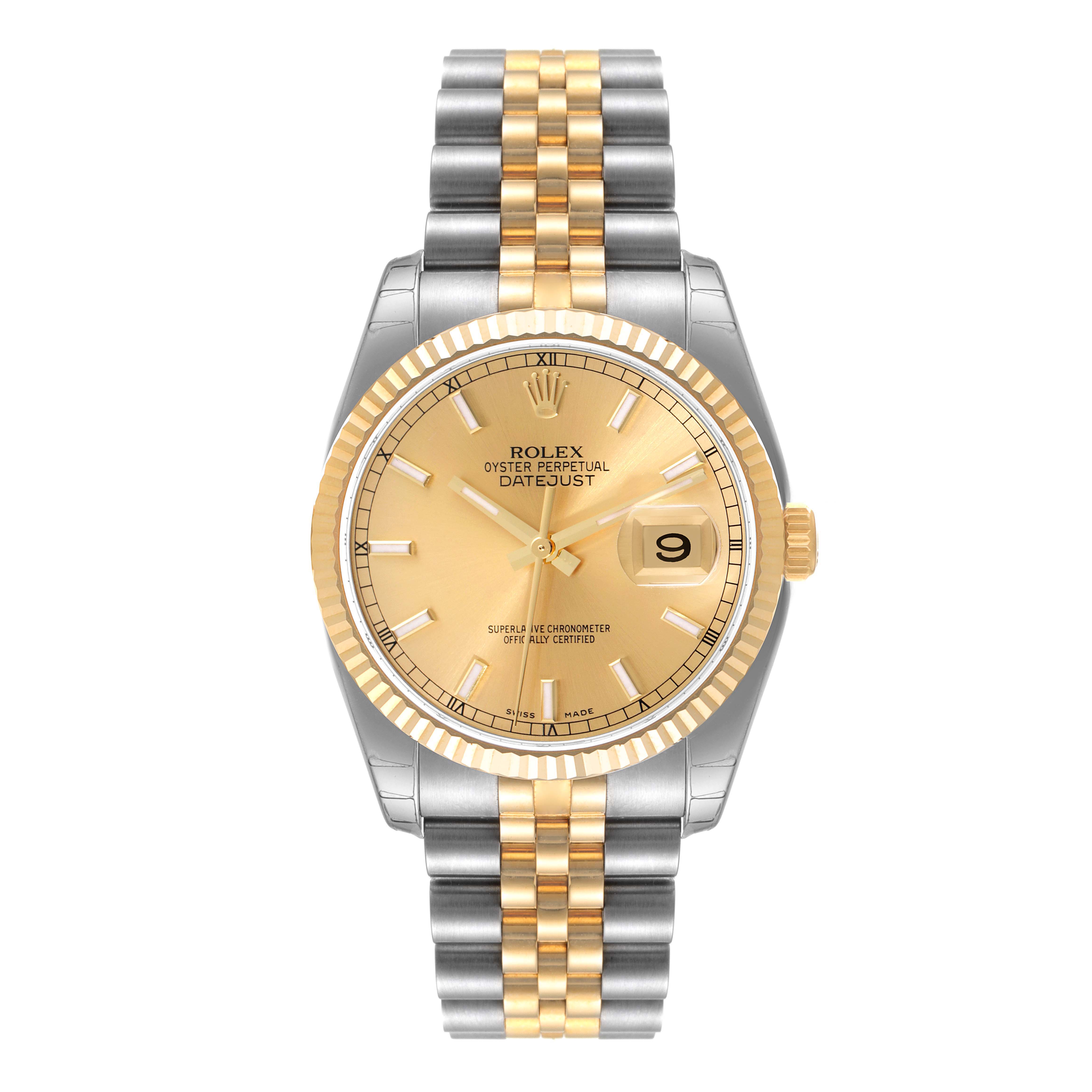 This image shows a front view of the Rolex Datejust 116233 Men's Steel and Gold (two tone) Champagne Dial 116233 Men's Steel and Gold (two tone) Champagne Dial watch, displaying its dial, hands, date window, and two-tone bracelet.