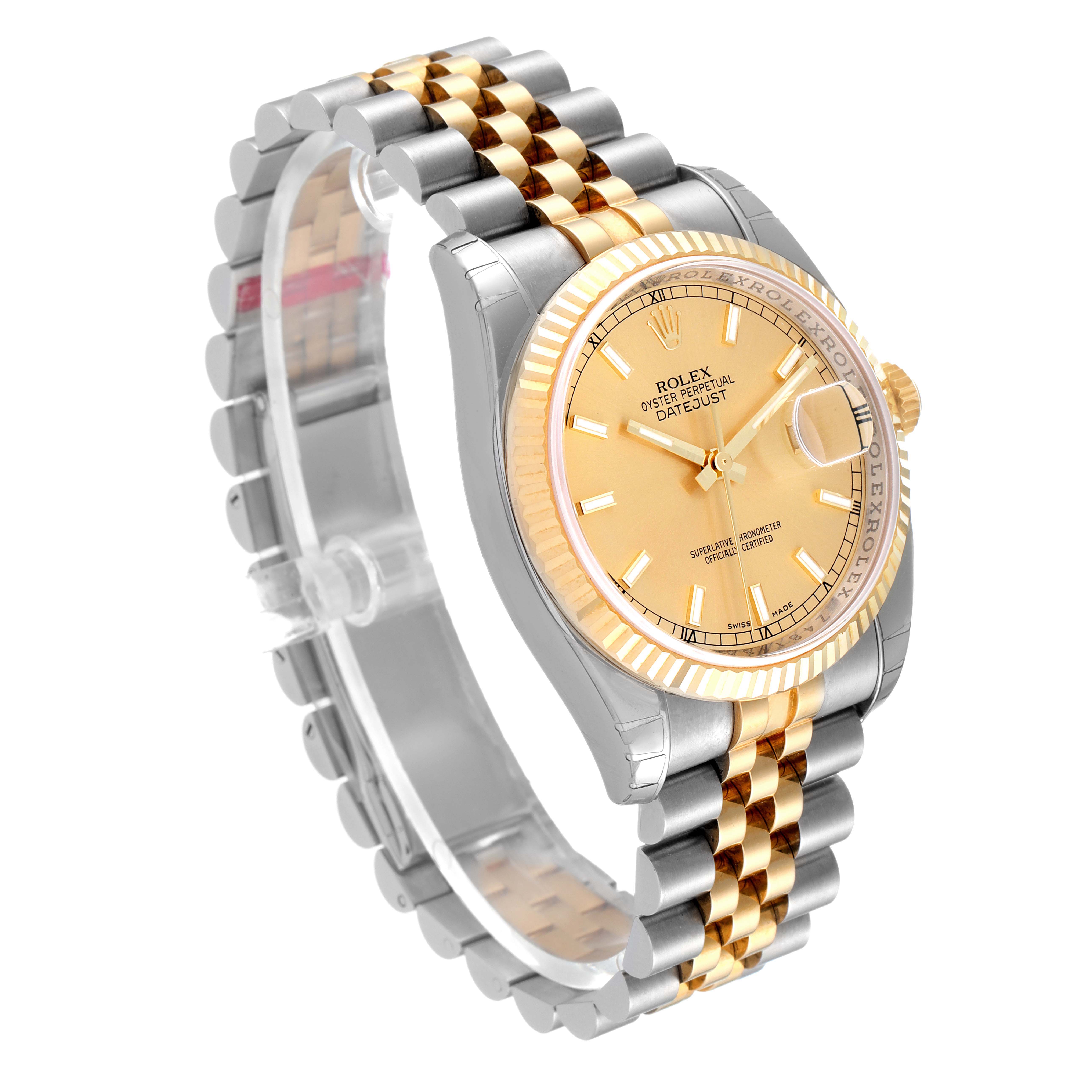This image shows a side angle of a Rolex Datejust 116233 Men's Steel and Gold (two tone) Champagne Dial 116233 Men's Steel and Gold (two tone) Champagne Dial watch, highlighting its two-tone metal band and gold dial.
