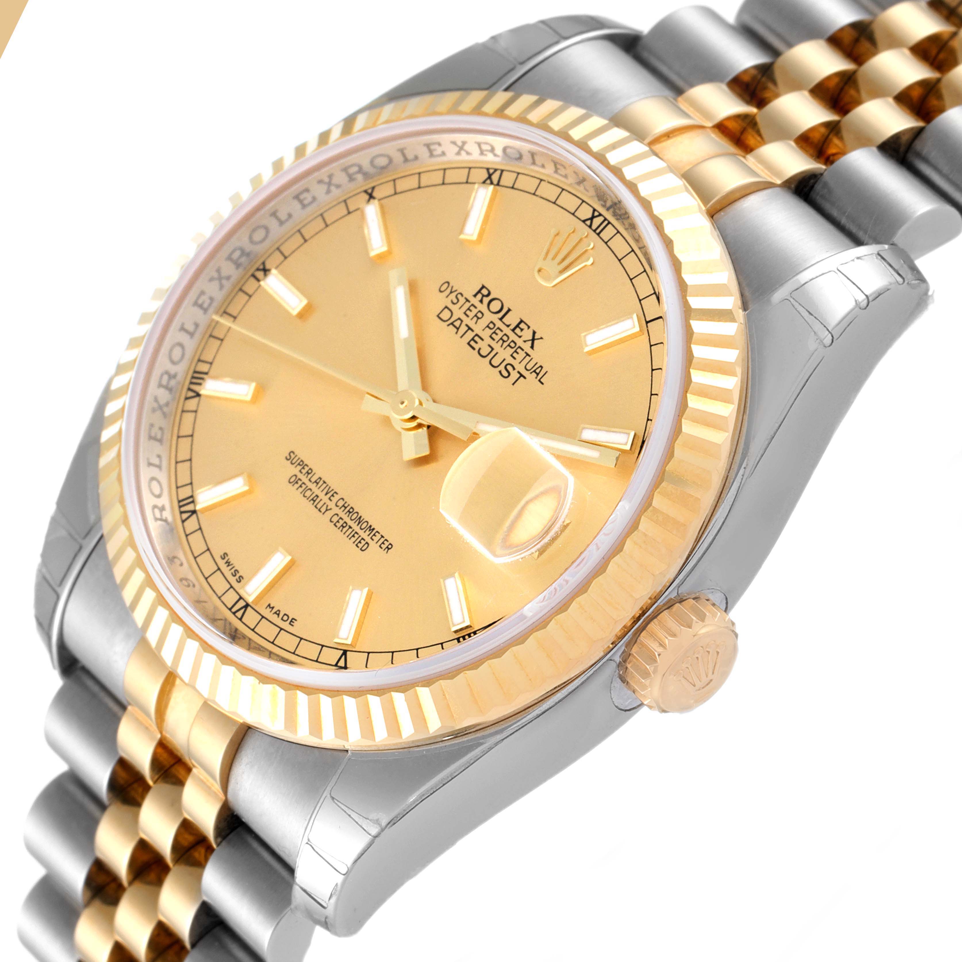 The image shows a close-up angle of a Rolex Datejust 116233 Men's Steel and Gold (two tone) Champagne Dial 116233 Men's Steel and Gold (two tone) Champagne Dial watch, highlighting its gold dial, bezel, crown, and two-tone bracelet.
