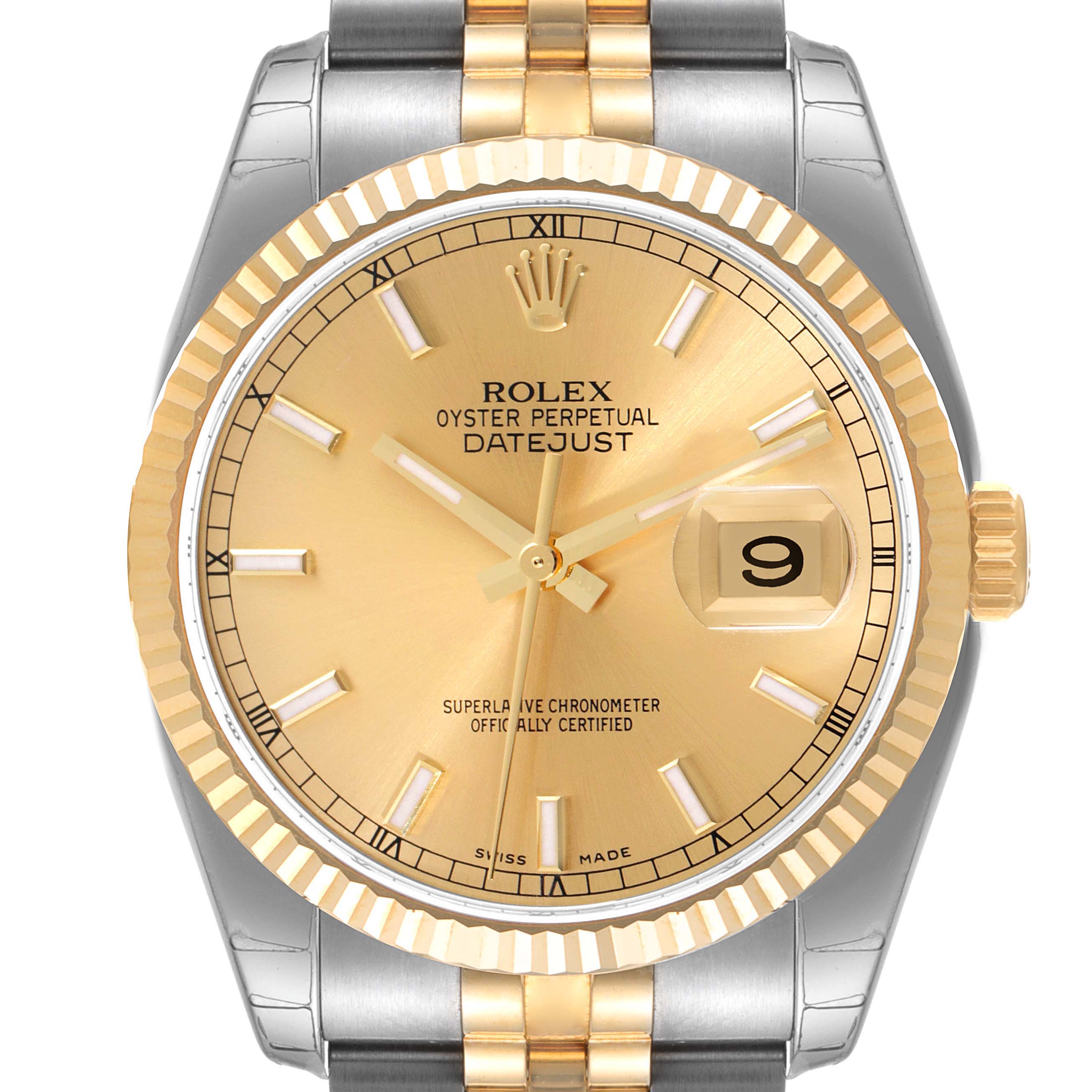 The image shows a frontal view of the Rolex Datejust 116233 Men's Steel and Gold (two tone) Champagne Dial 116233 Men's Steel and Gold (two tone) Champagne Dial watch, highlighting the gold dial, bezel, and two-tone bracelet.