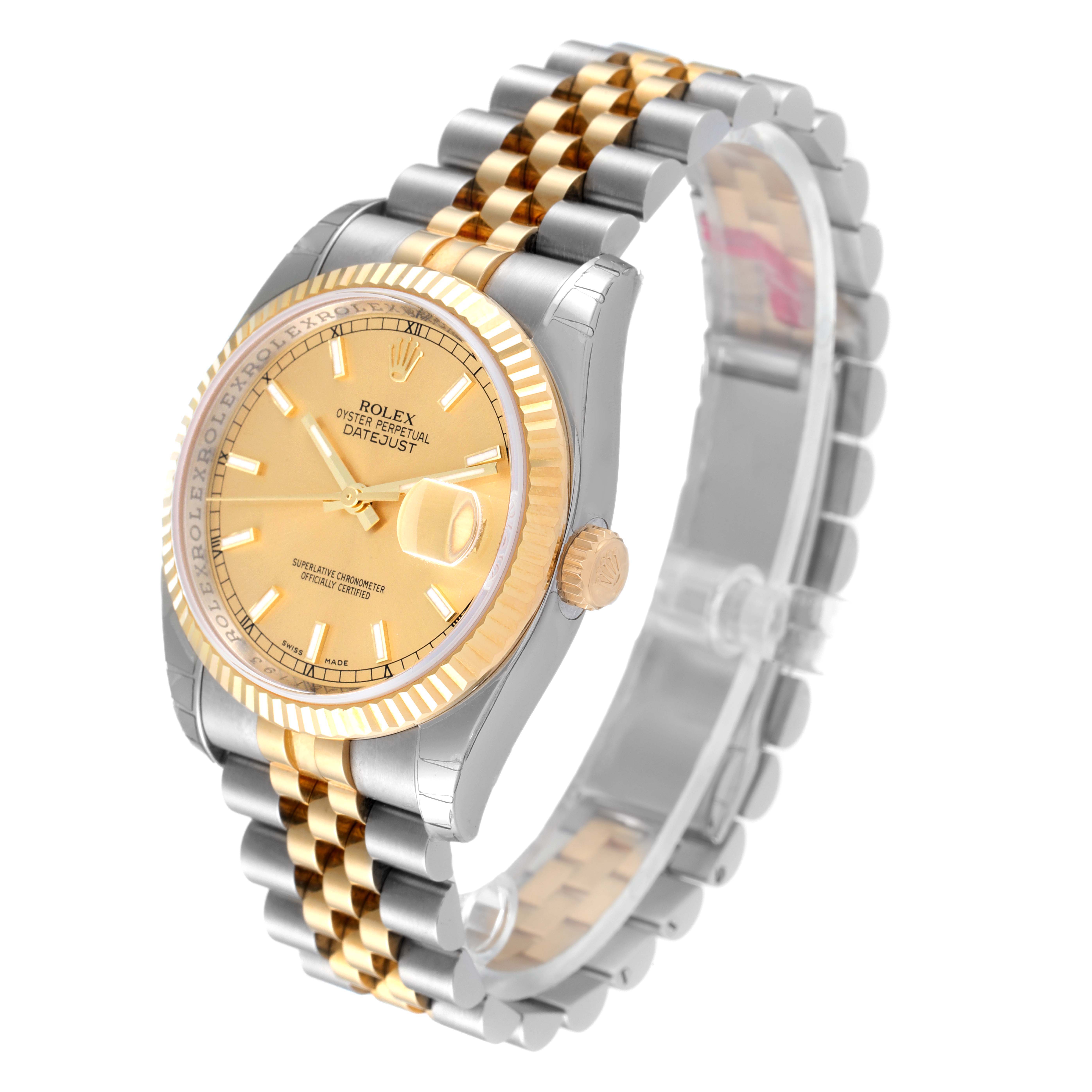 The image shows a Rolex Datejust 116233 Men's Steel and Gold (two tone) Champagne Dial 116233 Men's Steel and Gold (two tone) Champagne Dial watch at an angled front view, highlighting its dial, bezel, and two-tone bracelet.