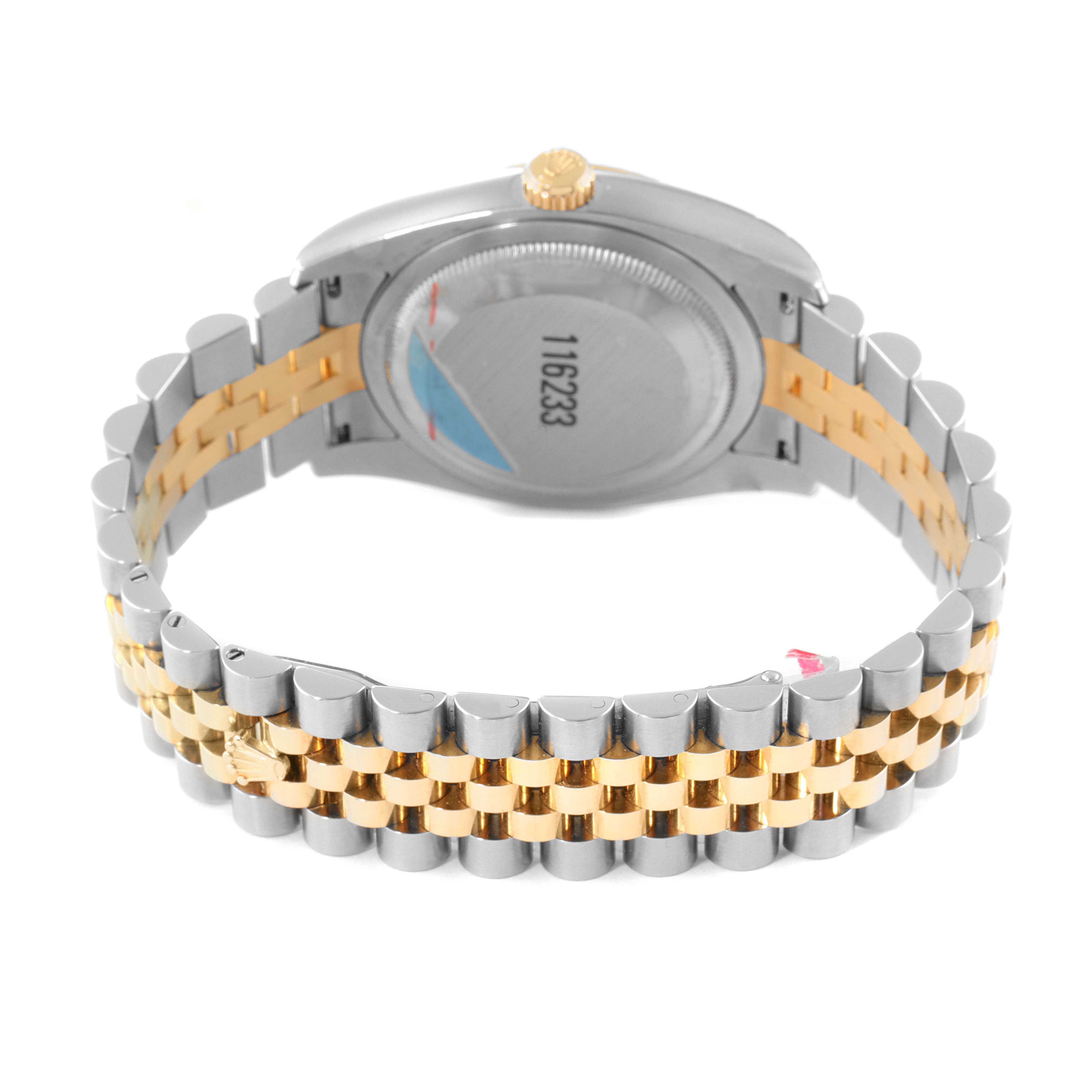 The image shows the back view of a Rolex Datejust 116233 Men's Steel and Gold (two tone) Champagne Dial 116233 Men's Steel and Gold (two tone) Champagne Dial watch, highlighting its case back and two-tone bracelet.