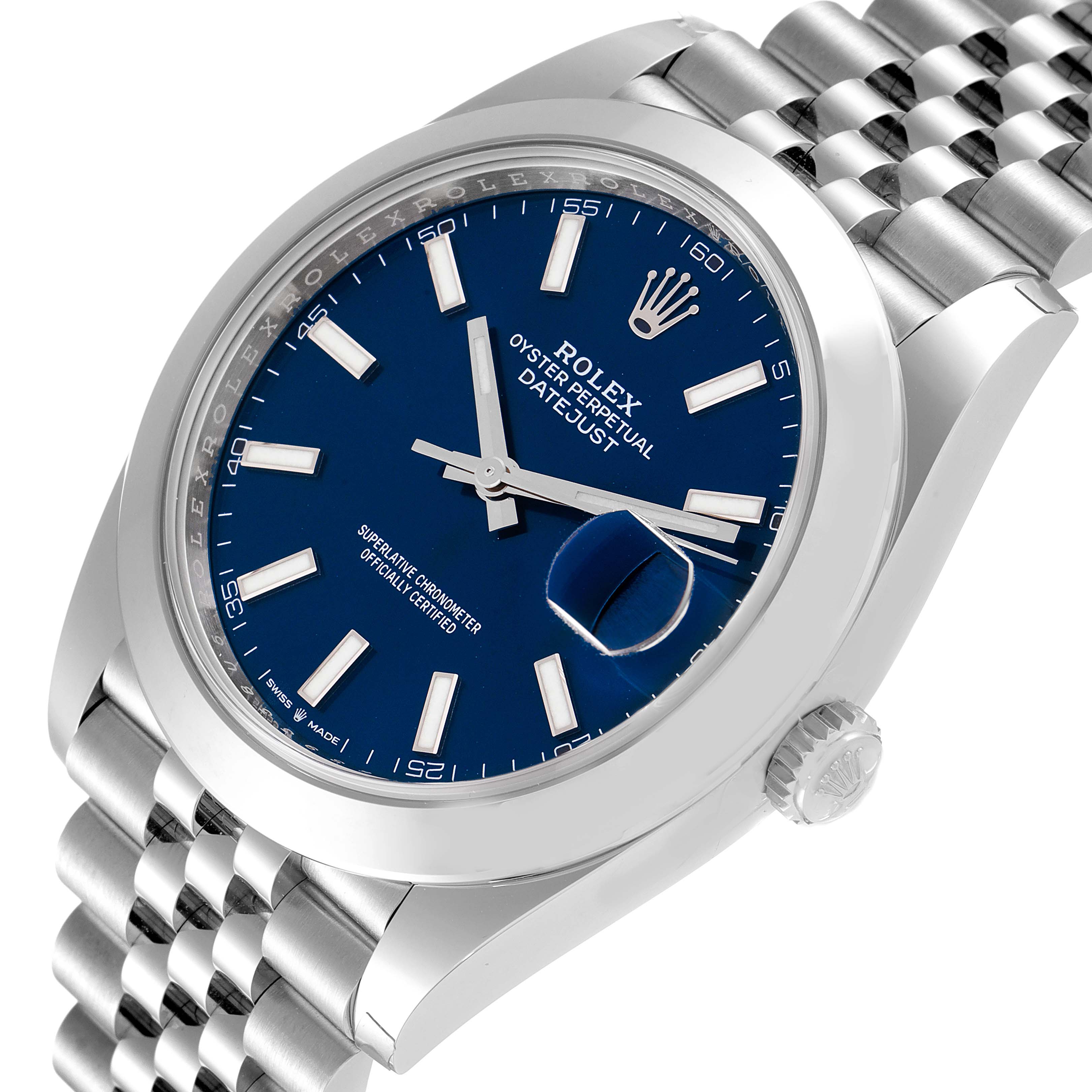This image shows a close-up, diagonal view of a Rolex Datejust 41 126300 Men
s Stainless Steel Blue Dial 126300 Men
s Stainless Steel Blue Dial watch with a blue dial and stainless steel bracelet.