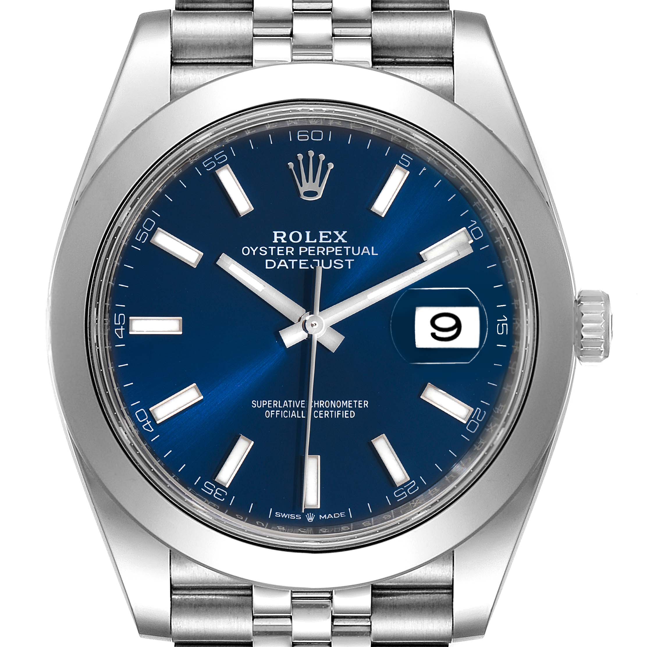 The image shows a front view of the Rolex Datejust 41 126300 Men
s Stainless Steel Blue Dial 126300 Men
s Stainless Steel Blue Dial watch, highlighting its blue dial, date window, and stainless steel bracelet.