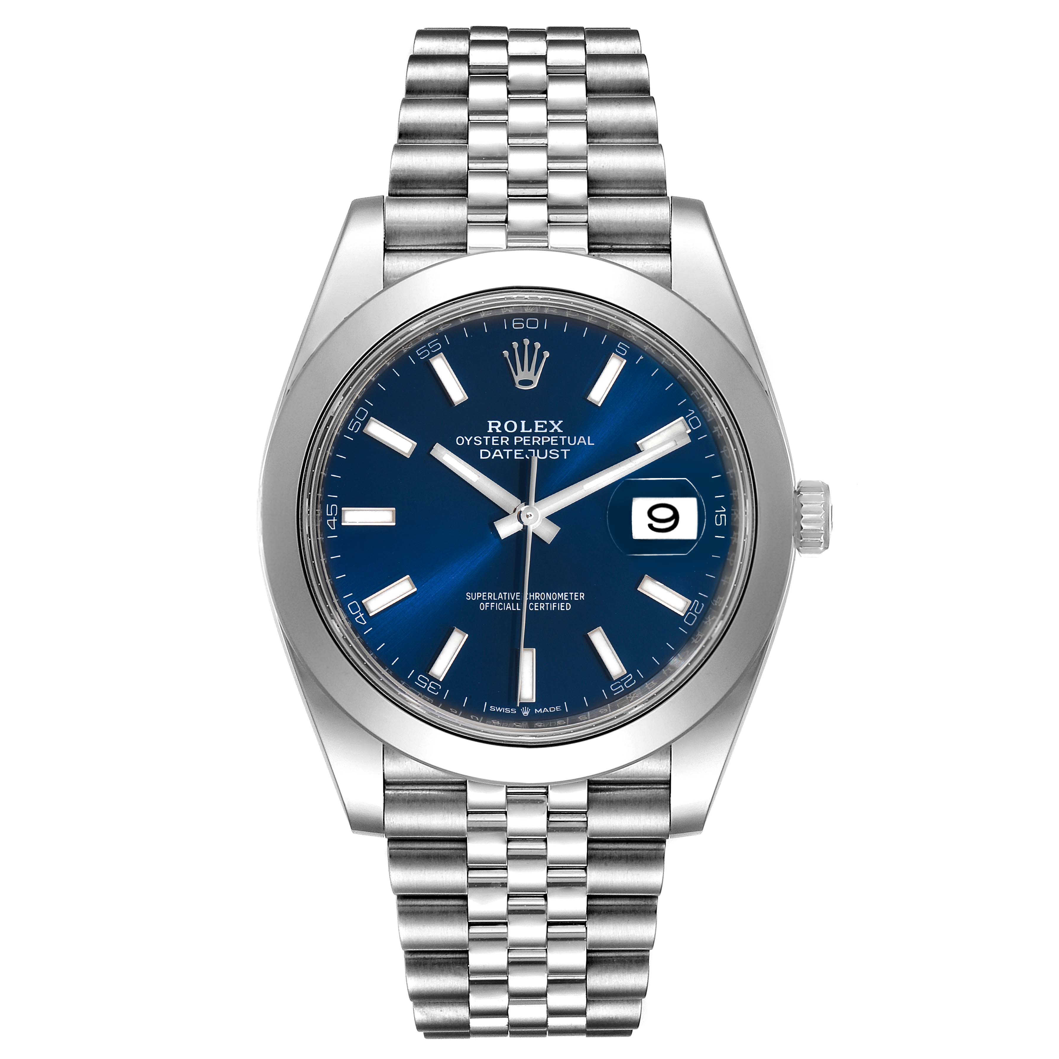 This image shows a front view of the Rolex Datejust 41 126300 Men
s Stainless Steel Blue Dial 126300 Men
s Stainless Steel Blue Dial watch with a blue dial and jubilee bracelet.