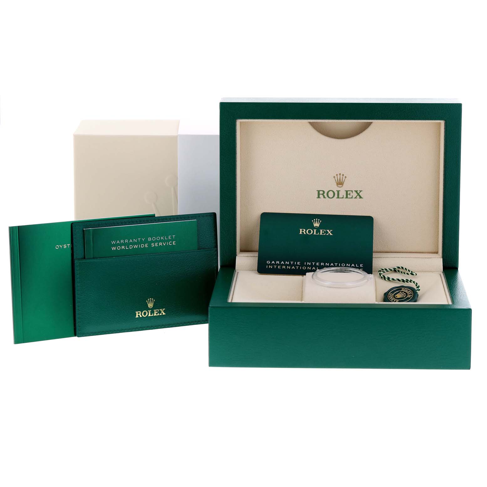 The image shows the packaging, guarantee card, and booklets for the Rolex Datejust 41 126300 Men
s Stainless Steel Blue Dial 126300 Men
s Stainless Steel Blue Dial watch.