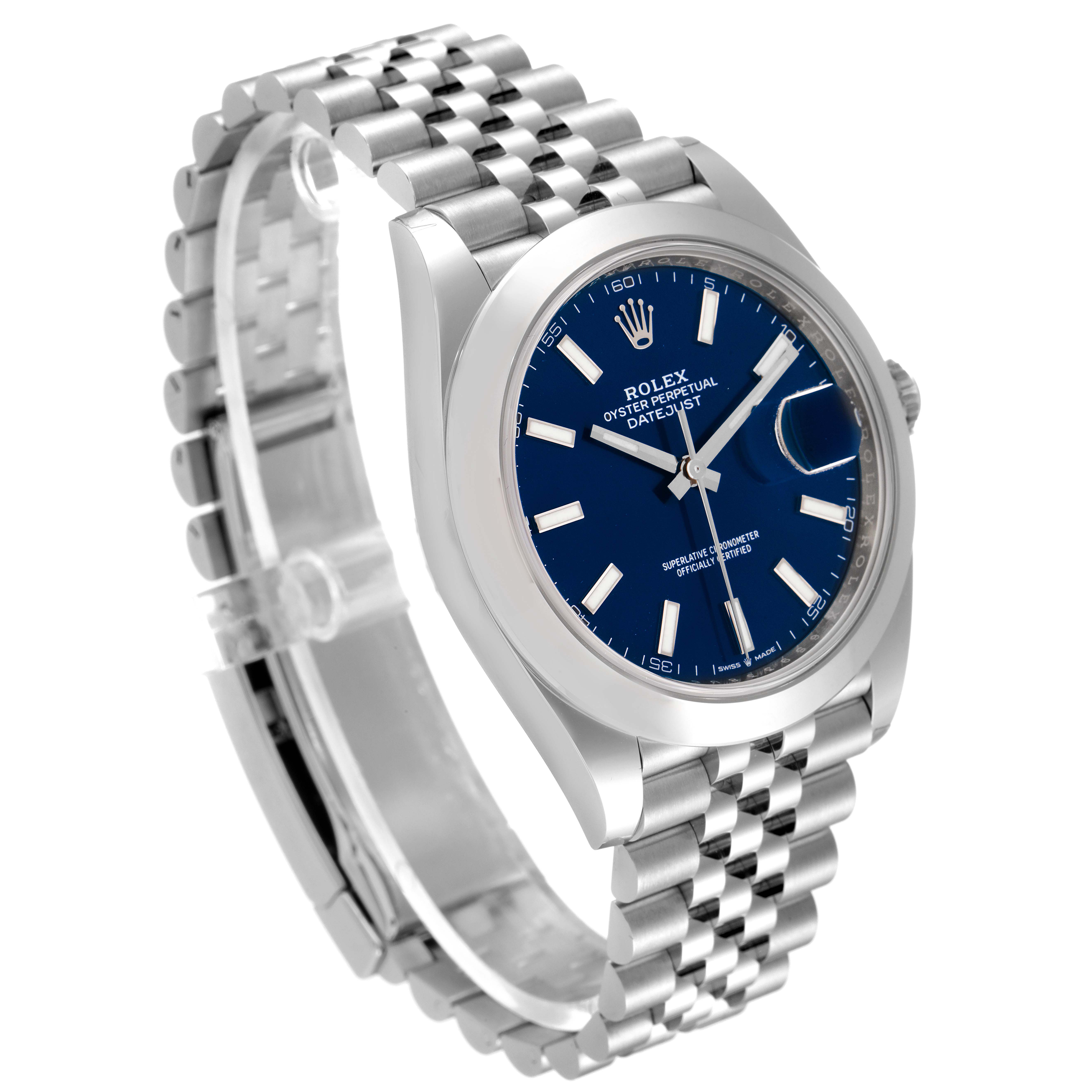 The image shows a Rolex Datejust 41 126300 Men
s Stainless Steel Blue Dial 126300 Men
s Stainless Steel Blue Dial watch from an angled side view, showcasing its blue dial, case, and bracelet.