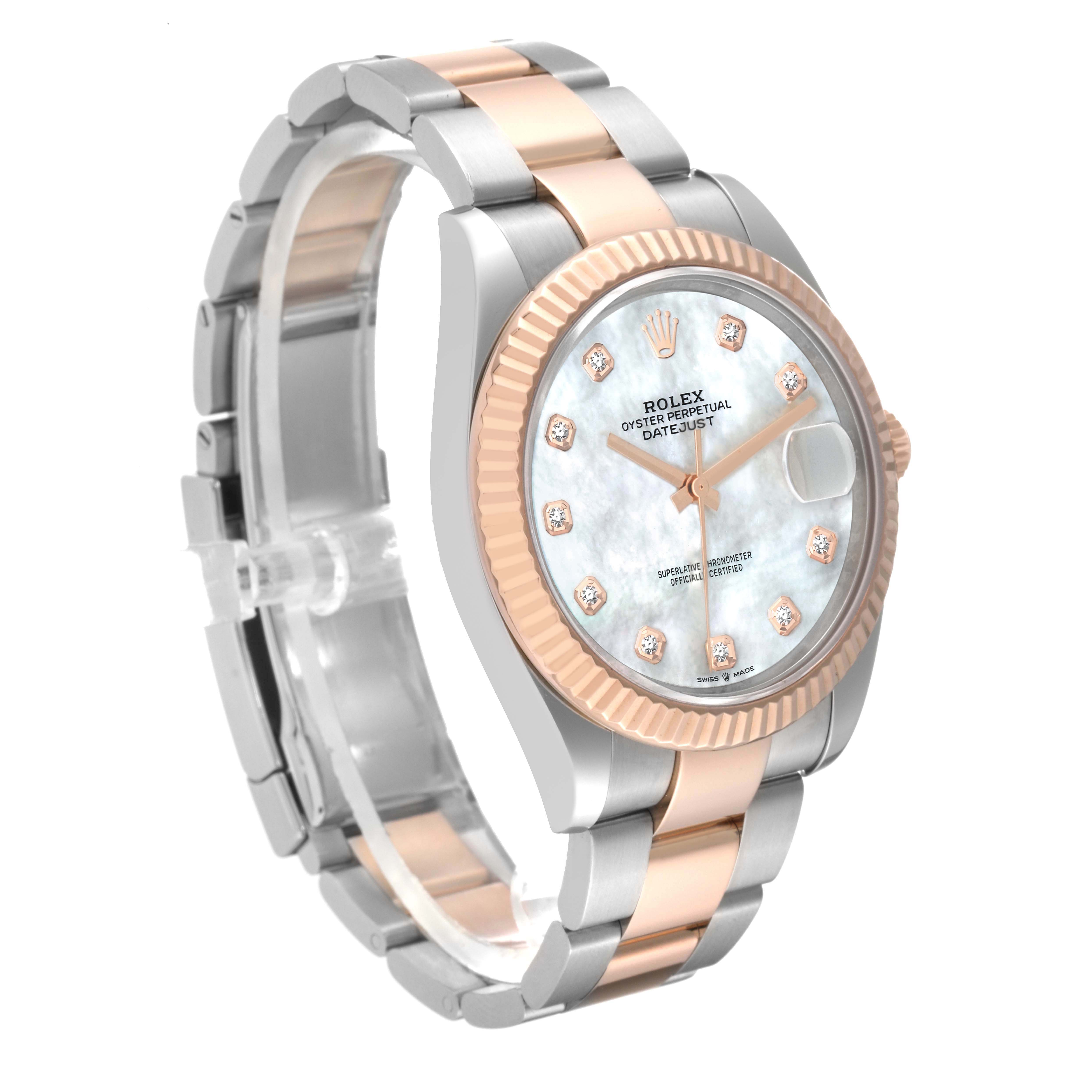 The Rolex Datejust 41 126331 Men's Steel and Gold (two tone) Mother of Pearl Dial watch is shown at a slight angle, highlighting its dial, bezel, and two-tone bracelet.