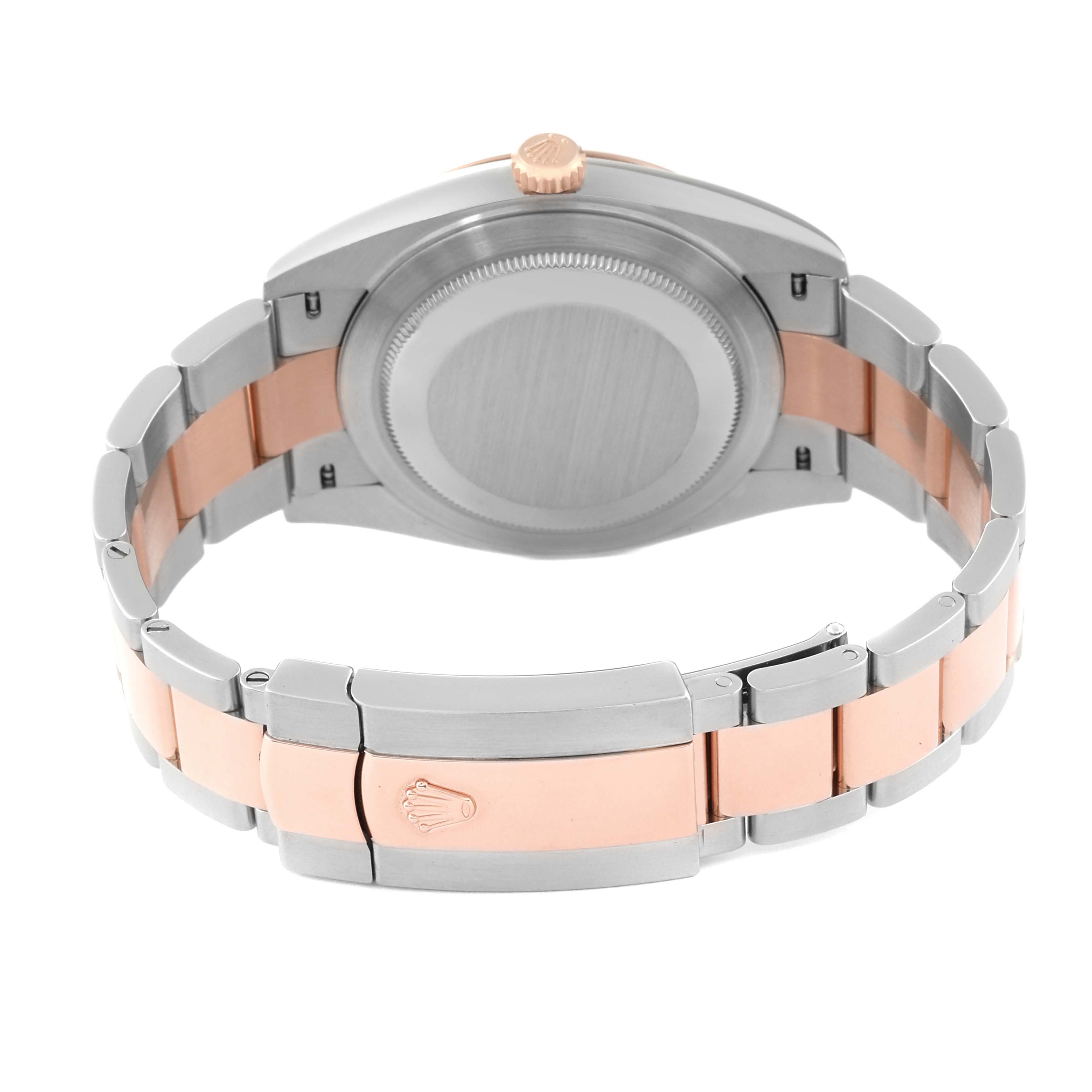 This image shows the back view and bracelet of the Rolex Datejust 41 126331 Men's Steel and Gold (two tone) Mother of Pearl Dial 126331 Men's Steel and Gold (two tone) Mother of Pearl Dial watch, highlighting stainless steel and rose gold elements.