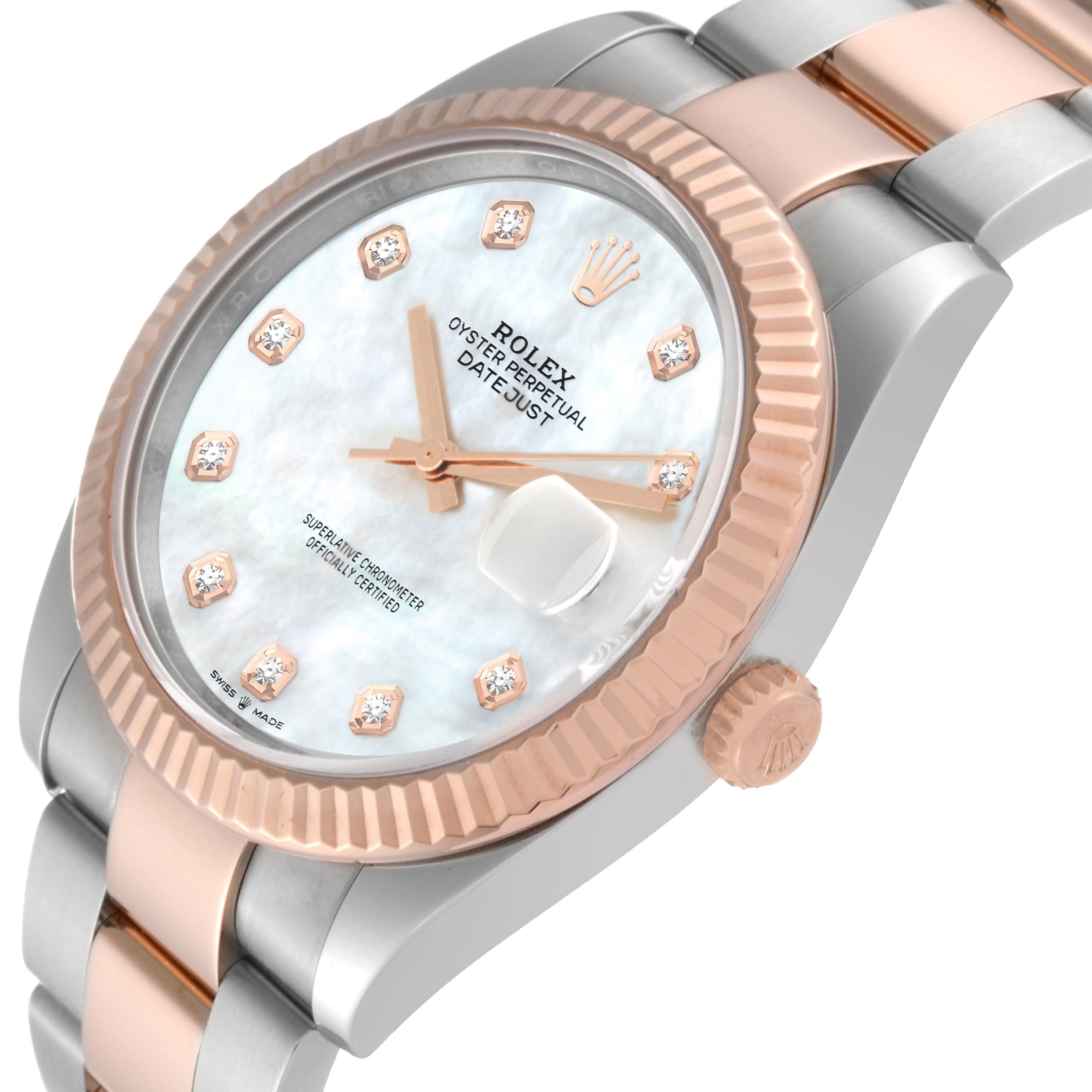 The Rolex Datejust 41 126331 Men's Steel and Gold (two tone) Mother of Pearl Dial 126331 Men's Steel and Gold (two tone) Mother of Pearl Dial watch is shown at an angle that highlights its face, fluted bezel, and the two-tone bracelet.