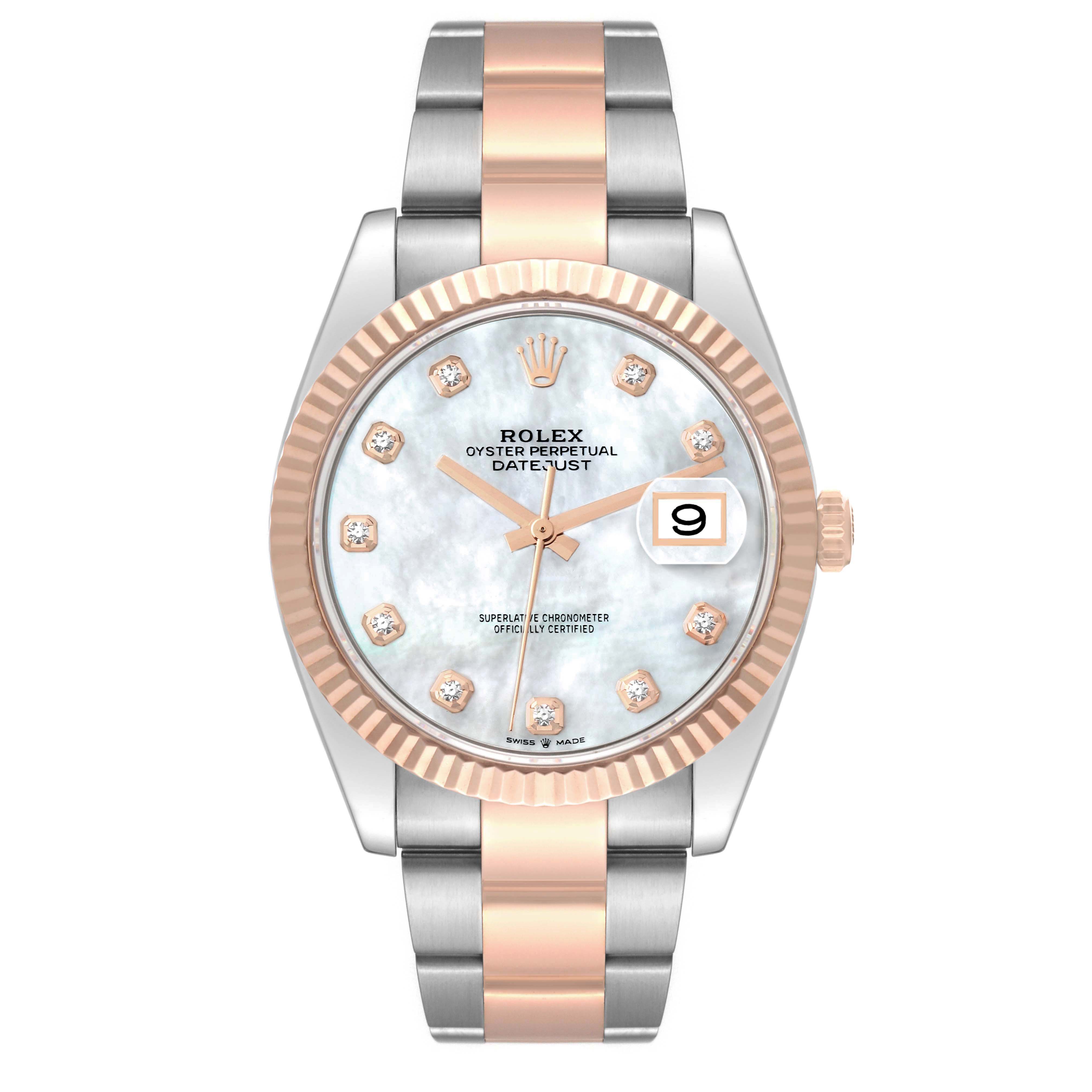 The Rolex Datejust 41 126331 Men's Steel and Gold (two tone) Mother of Pearl Dial watch is shown from the front, highlighting its dial, bezel, and bracelet.