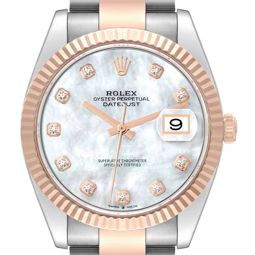 The Rolex Datejust 41 126331 Men's Steel and Gold (two tone) Mother of Pearl Dial watch is shown from a front angle, highlighting the dial, bezel, and part of the bracelet.