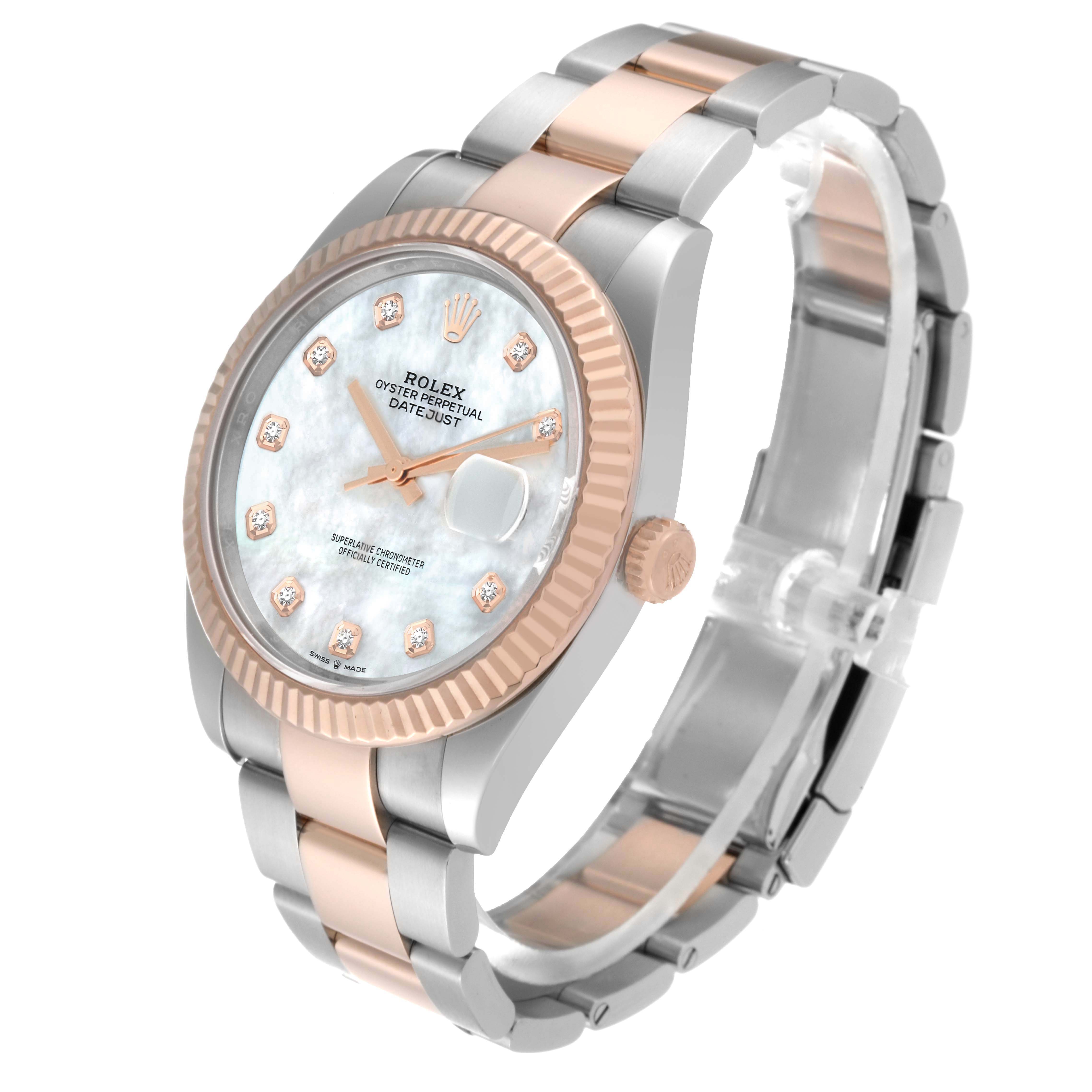 The Rolex Datejust 41 126331 Men's Steel and Gold (two tone) Mother of Pearl Dial is shown at a 3/4 angle, displaying its rose gold and silver bracelet, bezel, and watch face with diamond markers.
