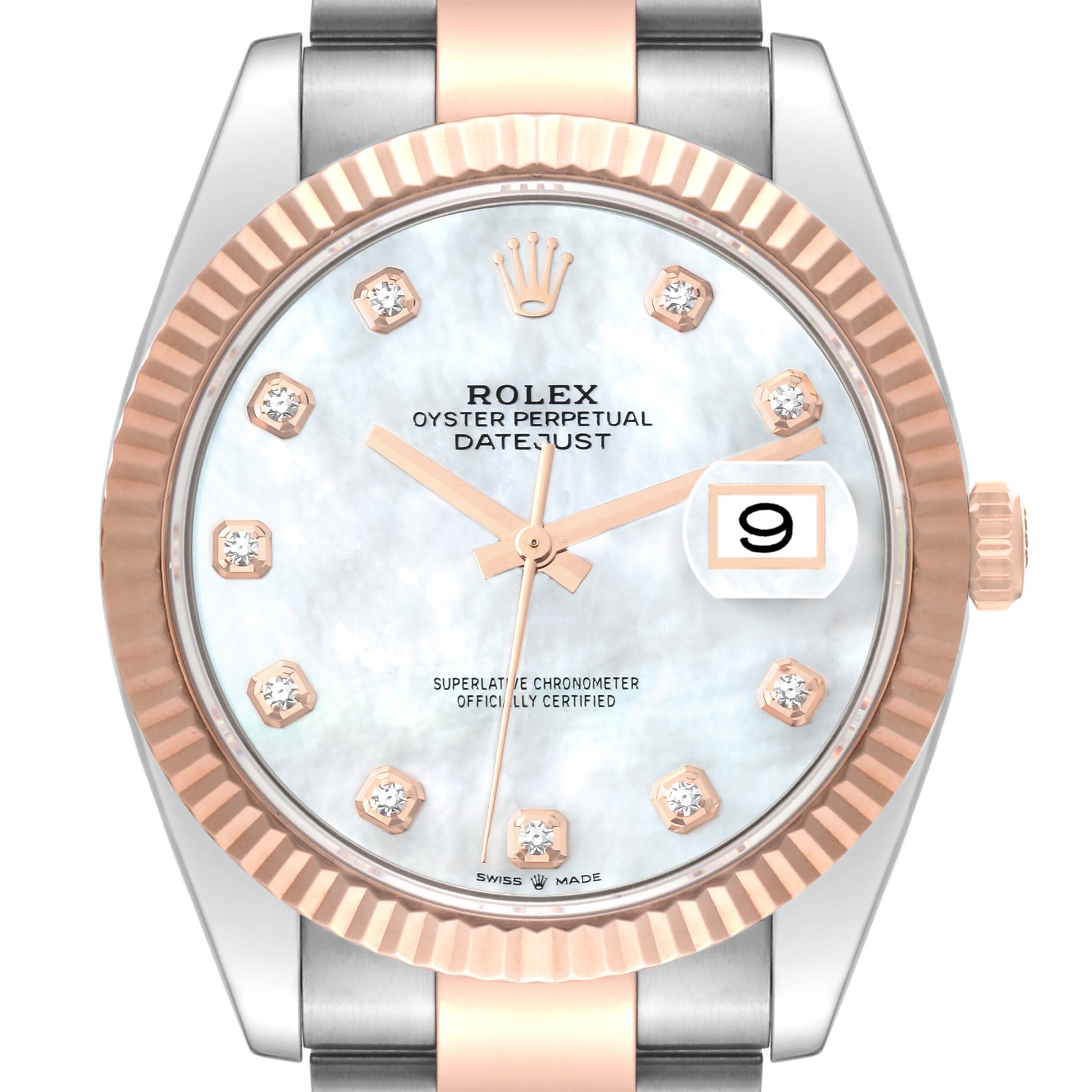 The image shows a Rolex Datejust 41 126331 Men's Steel and Gold (two tone) Mother of Pearl Dial 126331 Men's Steel and Gold (two tone) Mother of Pearl Dial watch from a front angle, highlighting the face, bezel, crown, and part of the bracelet.