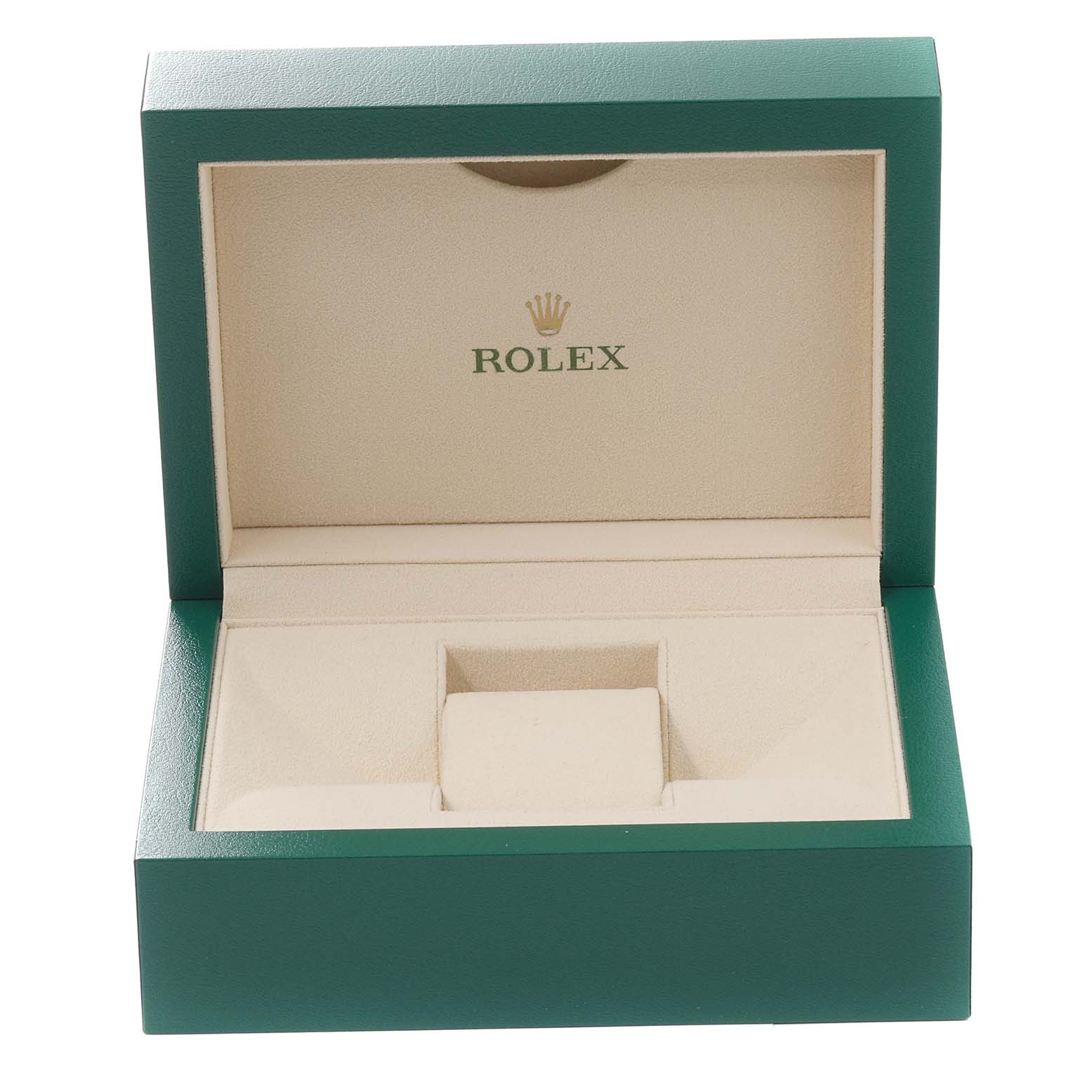The image shows an open, empty Rolex Datejust 41 126331 Men's Steel and Gold (two tone) Mother of Pearl Dial 126331 Men's Steel and Gold (two tone) Mother of Pearl Dial watch box, angled directly from the front.