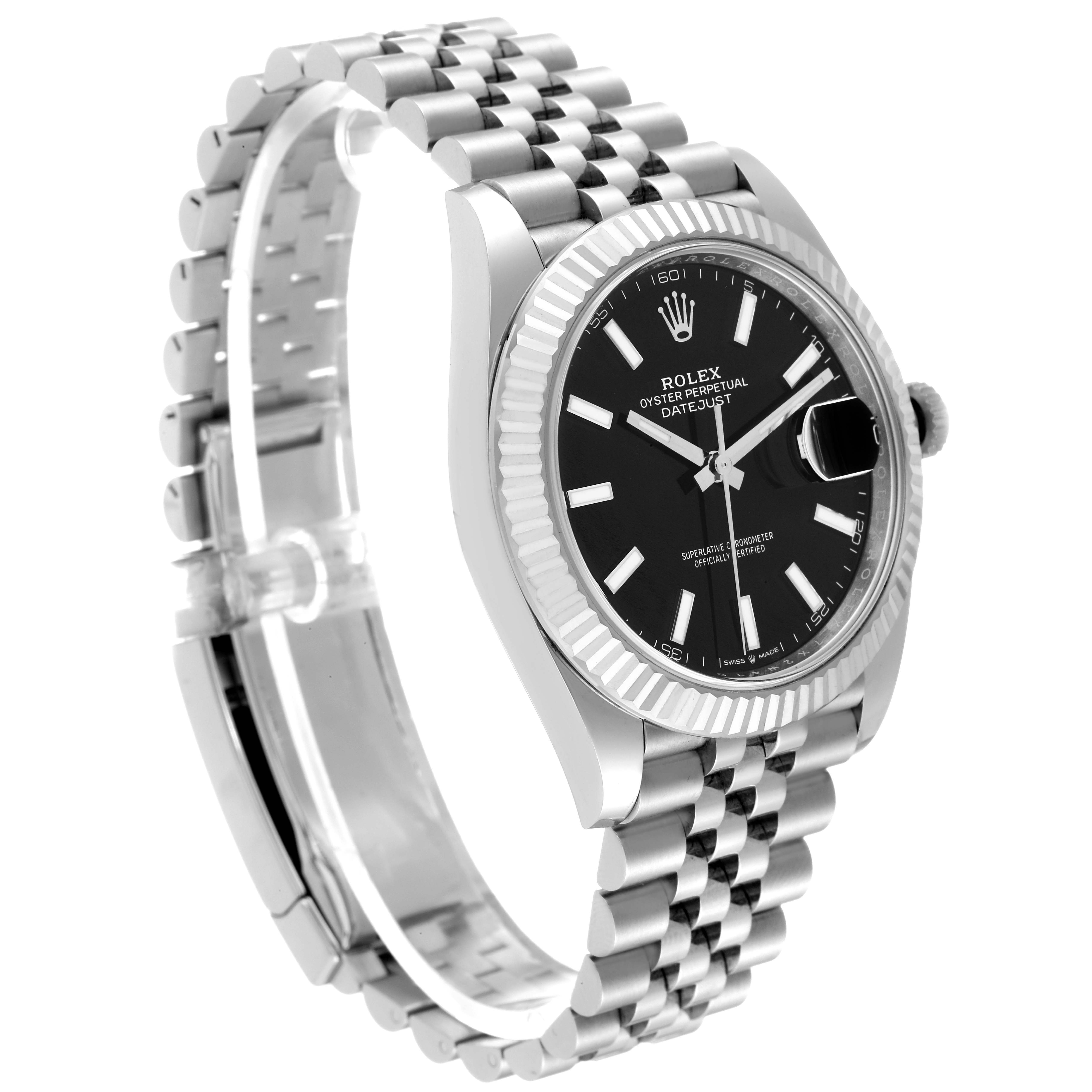 The image shows a Rolex Datejust 41 126334 Men's Stainless Steel Black Dial 126334 Men's Stainless Steel Black Dial watch from an angled side view, highlighting the fluted bezel, Jubilee bracelet, and black dial.
