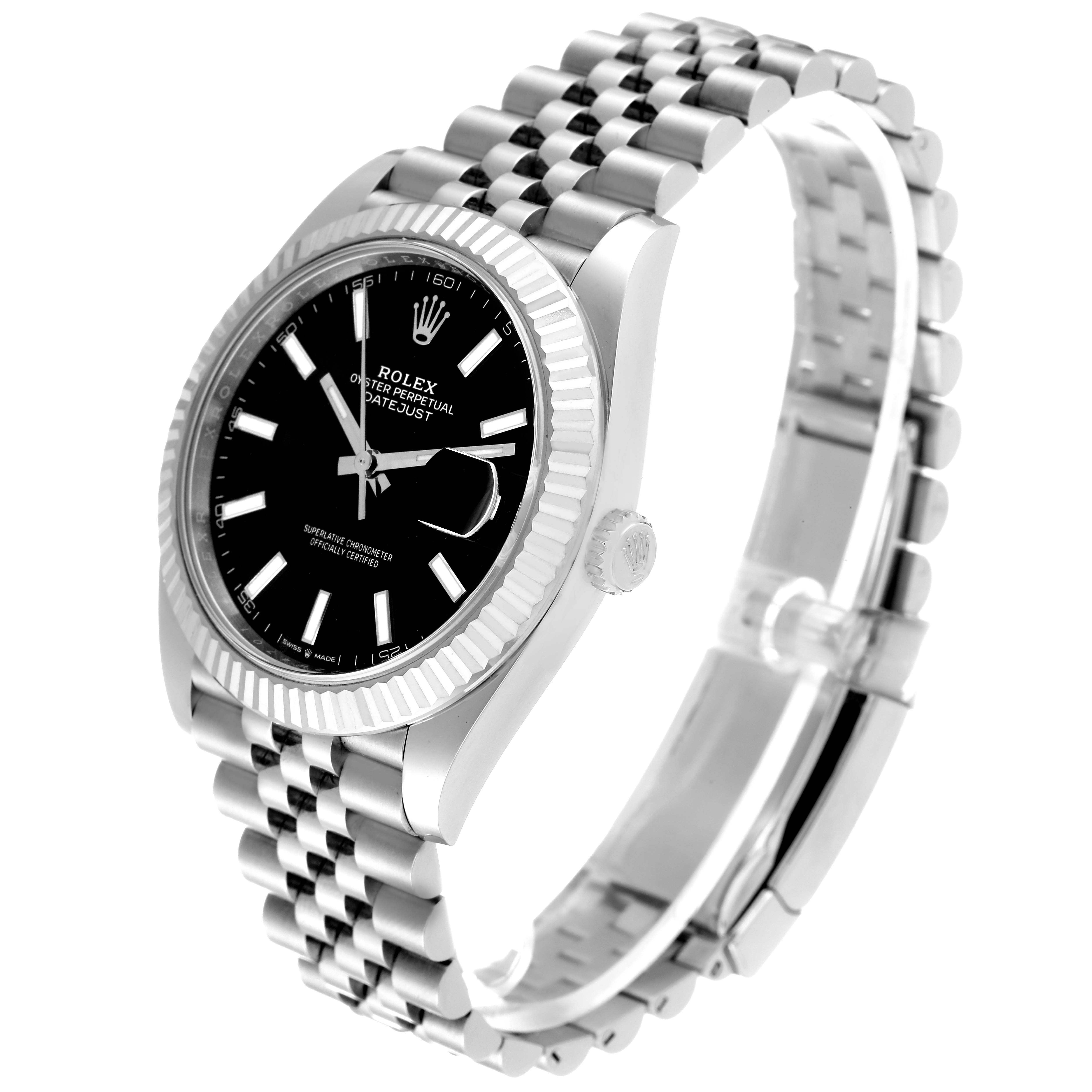 This image shows a Rolex Datejust 41 126334 Men's Stainless Steel Black Dial 126334 Men's Stainless Steel Black Dial model at an angled side view, highlighting its black dial, fluted bezel, crown, and Jubilee bracelet.