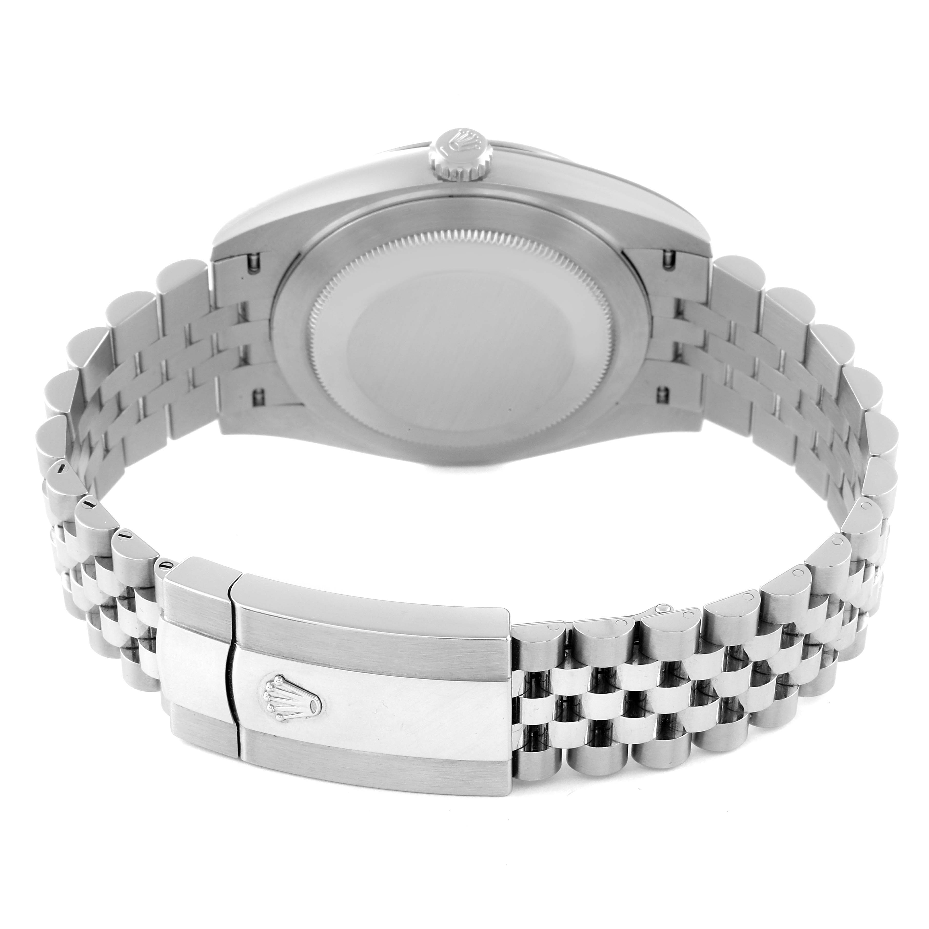 The image shows the back of the Rolex Datejust 41 126334 Men's Stainless Steel Black Dial 126334 Men's Stainless Steel Black Dial watch, focusing on its closed clasp and bracelet.