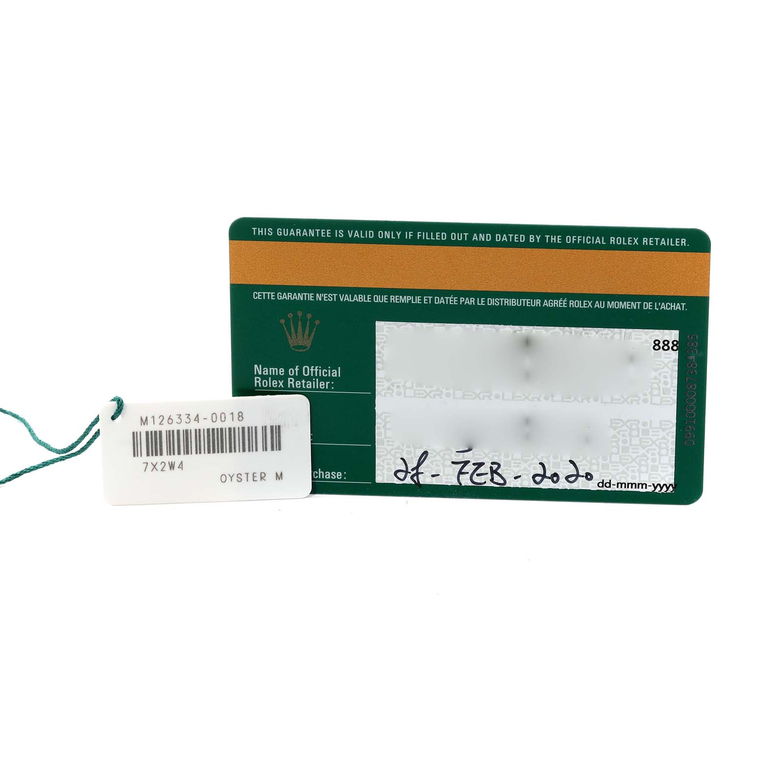 The image shows a warranty card and a hang tag for a Rolex Datejust 41 126334 Men's Stainless Steel Black Dial 126334 Men's Stainless Steel Black Dial model.