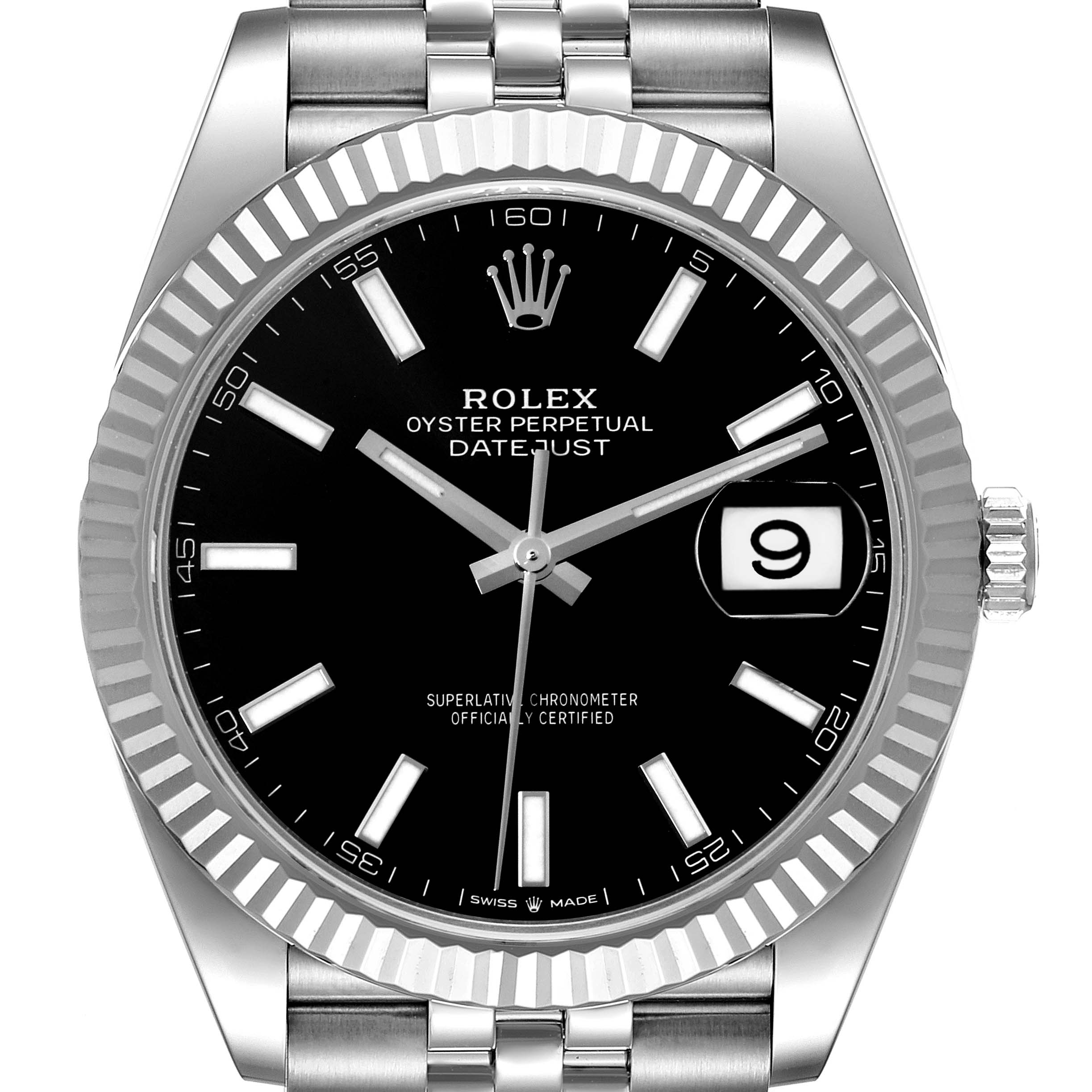 The image shows a front view of the Rolex Datejust 41 126334 Men's Stainless Steel Black Dial 126334 Men's Stainless Steel Black Dial watch, displaying its face, bezel, and part of the bracelet.