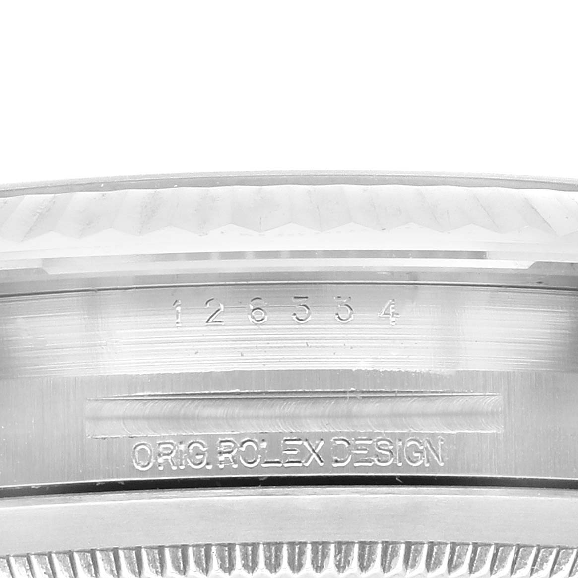 The image shows a close-up of the side of the Rolex Datejust 41 126334 Men's Stainless Steel Black Dial 126334 Men's Stainless Steel Black Dial watch, featuring the model number and "ORIG ROLEX DESIGN" engraving.