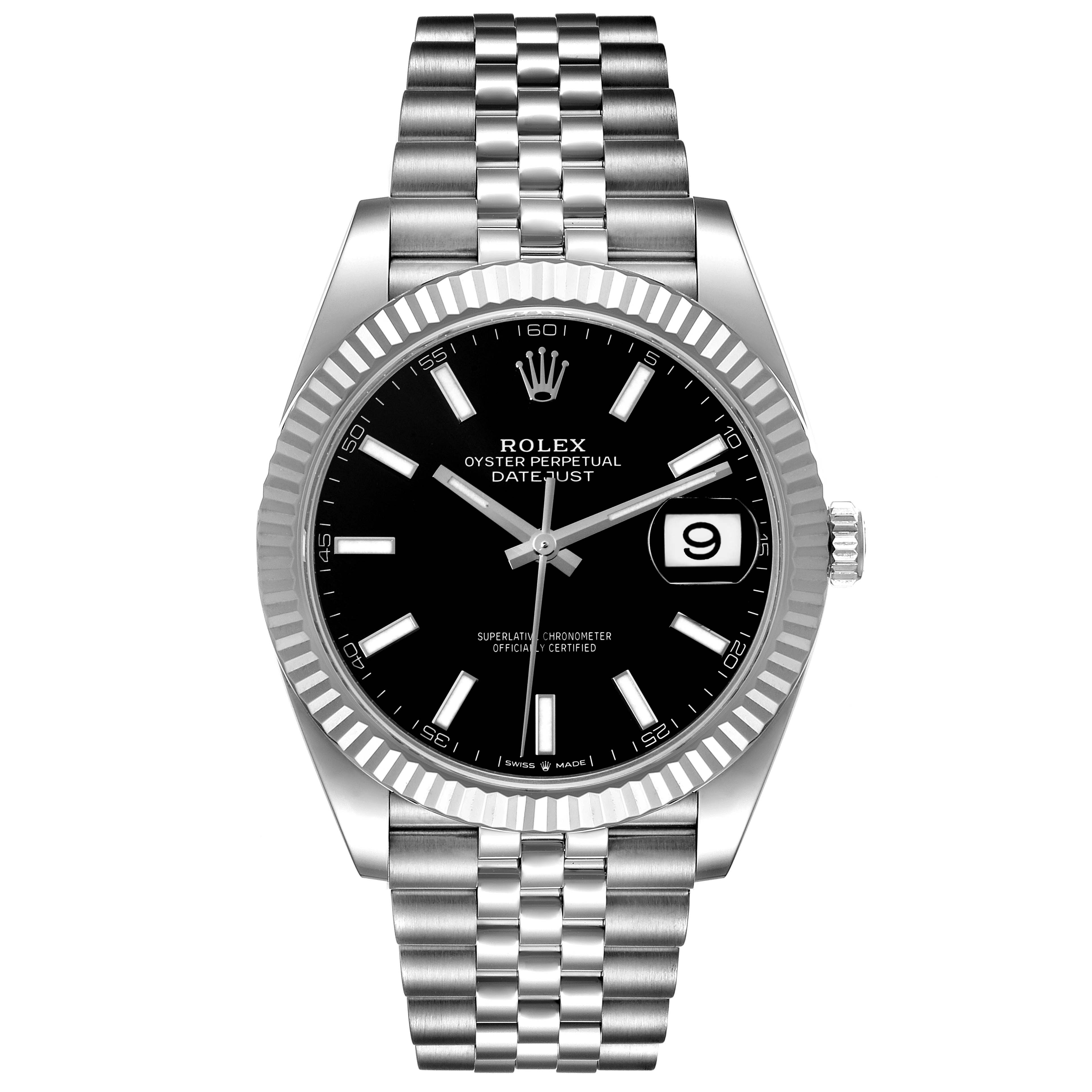 The image shows a front view of a Rolex Datejust 41 126334 Men's Stainless Steel Black Dial 126334 Men's Stainless Steel Black Dial watch, highlighting the black dial, fluted bezel, and jubilee bracelet.