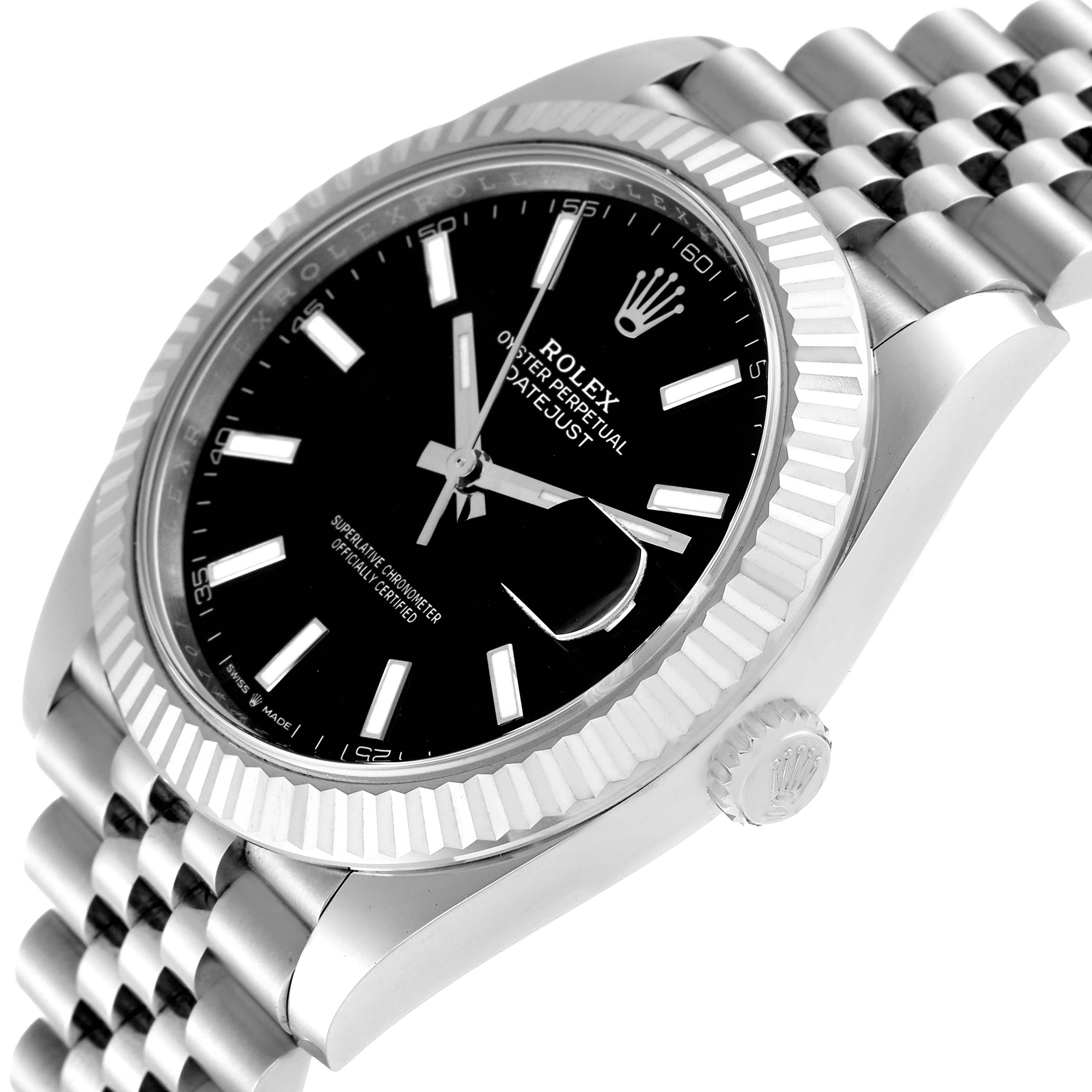 The image shows a Rolex Datejust 41 126334 Men's Stainless Steel Black Dial 126334 Men's Stainless Steel Black Dial from an angled view highlighting its black dial, fluted bezel, and Jubilee bracelet.