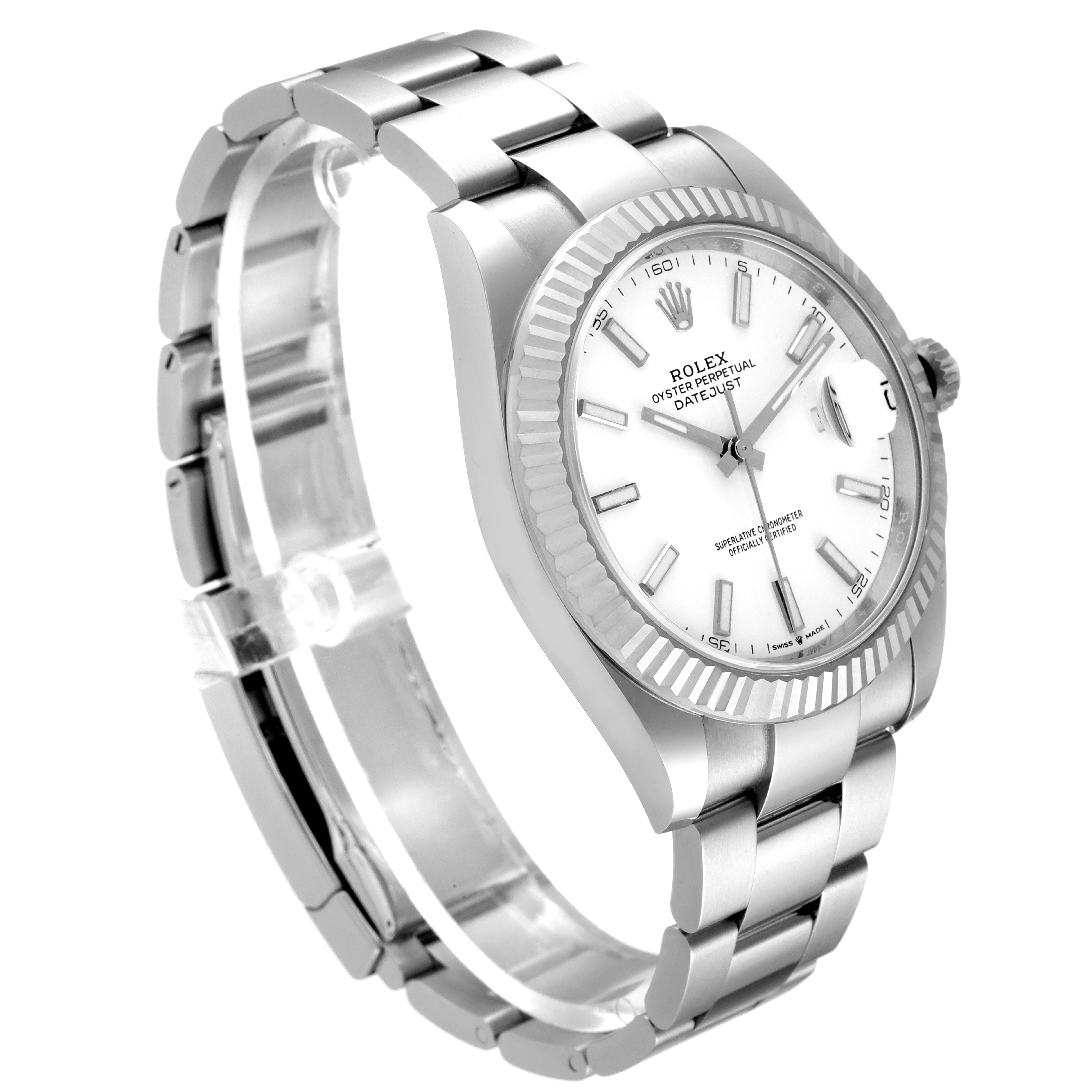 The image shows a Rolex Datejust 41 126334 Men
s Stainless Steel White Dial 126334 Men
s Stainless Steel White Dial watch from a three-quarter angle displaying its face, bezel, and bracelet.