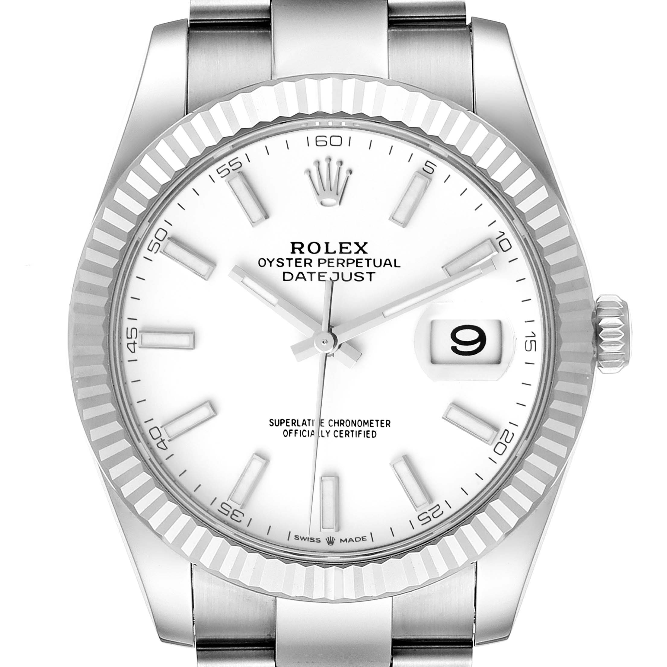 The image shows a frontal view of the Rolex Datejust 41 126334 Men
s Stainless Steel White Dial 126334 Men
s Stainless Steel White Dial watch, featuring its dial, bezel, hands, and date window.