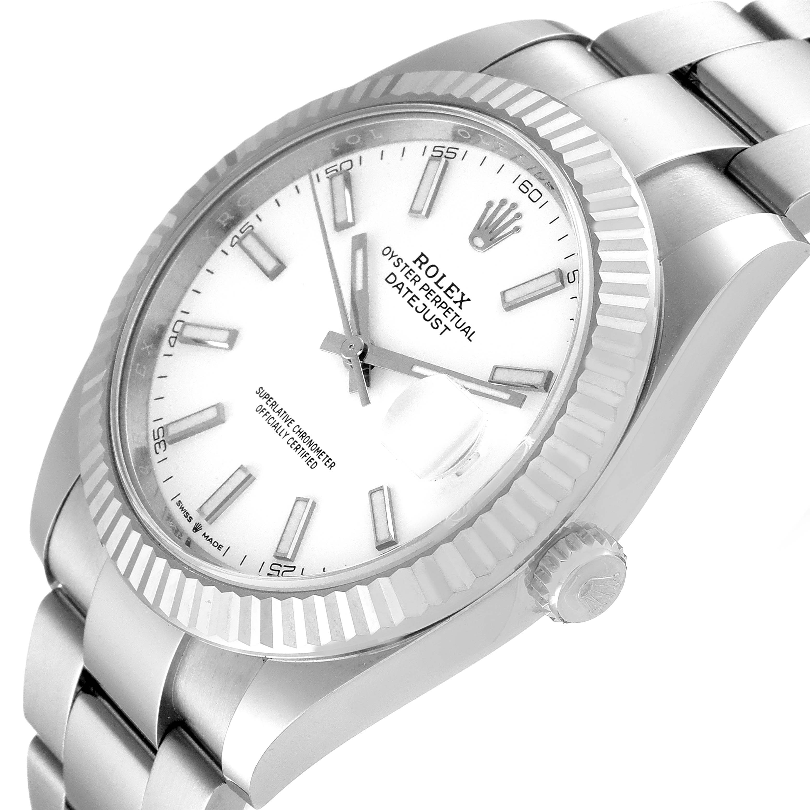 This Rolex Datejust 41 126334 Men
s Stainless Steel White Dial 126334 Men
s Stainless Steel White Dial watch is shown at an angled close-up, highlighting its dial, bezel, and part of the bracelet.